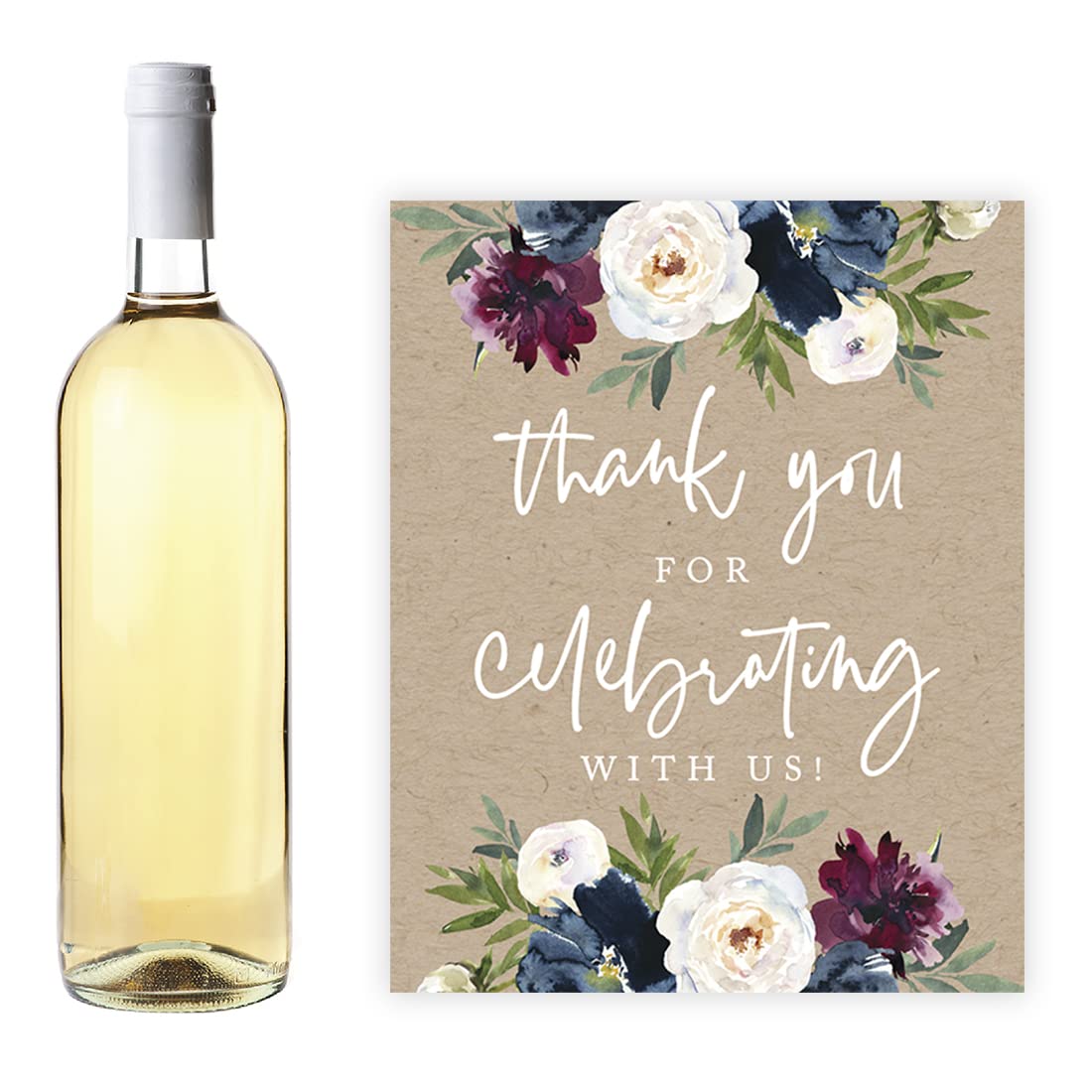 Andaz Press Kraft Brown with Burgundy Midnight Blue Florals Fall Wedding Party Collection, Wine Bottle Label Stickers, Thanks for Celebrating with Us, Floral Bouquet Graphic Design, 20-Pack