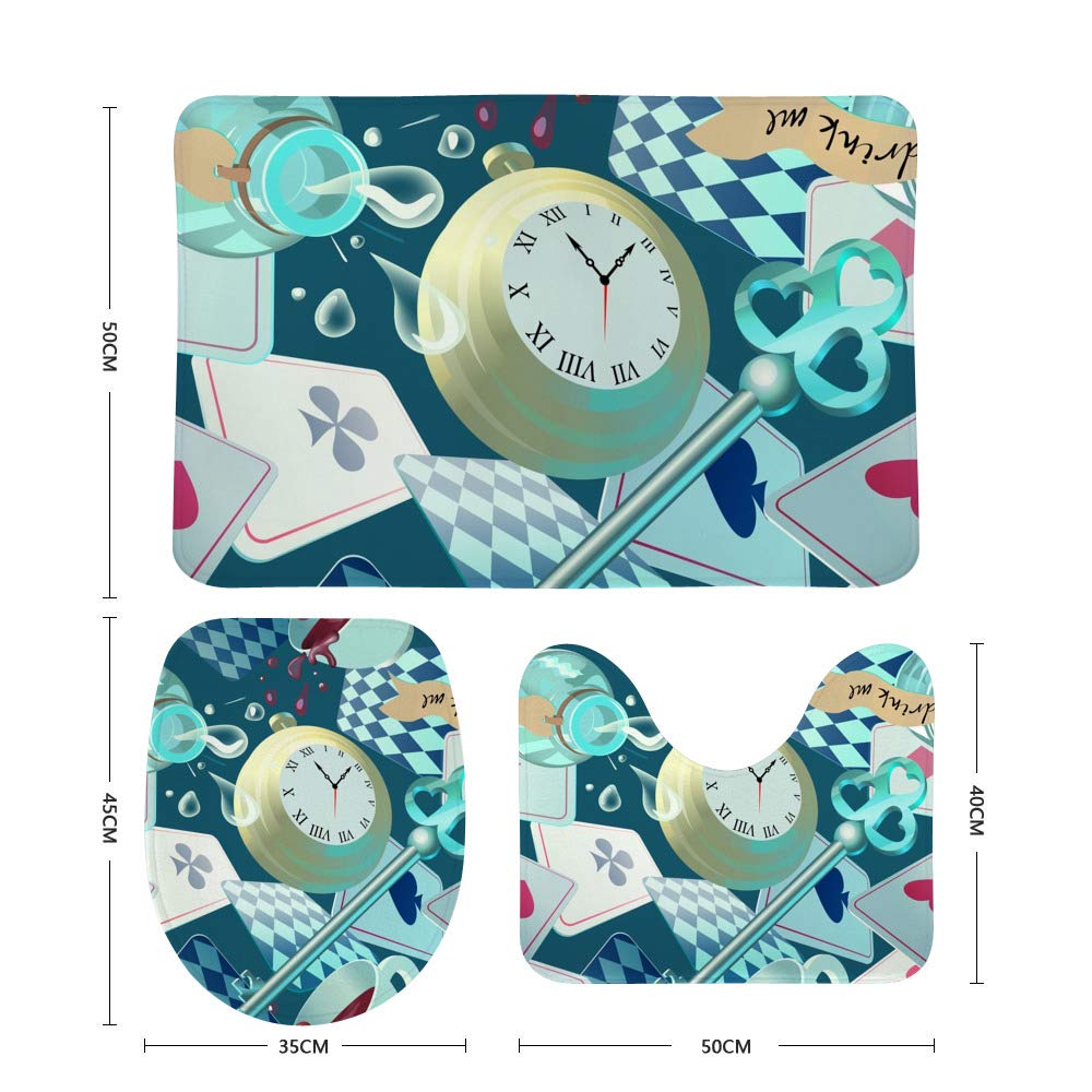Kuizee Bath Rug Set 3 Piece ?Wonderland Pocket Watch Key Batroom Rugs Non-Slip Mat U-Shaped Contour Rug O-Shaped Toilet Lid Water Absorbent Cover Coral Velvet