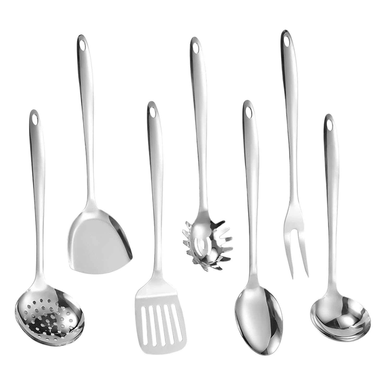 Lot de 7 ustensiles de cuisine en acier inoxydable - Outil de cuisine essentiel - Avec fente - Tuner - Cuillère de service - Ustensiles de cuisine