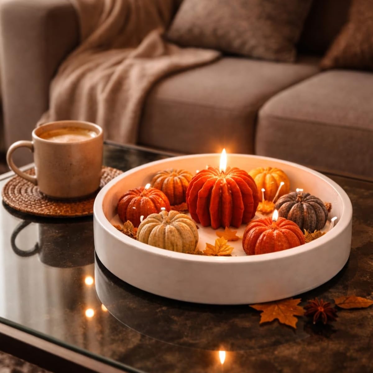 Pink Lotus Autumn Harvest Bowl Candle | Pumpkin Spice Scented Decorative Candle | Festive Autumn Theme Centerpiece for Home Décor, Table Decoration & Gifting | Long Lasting Aroma-image-8
