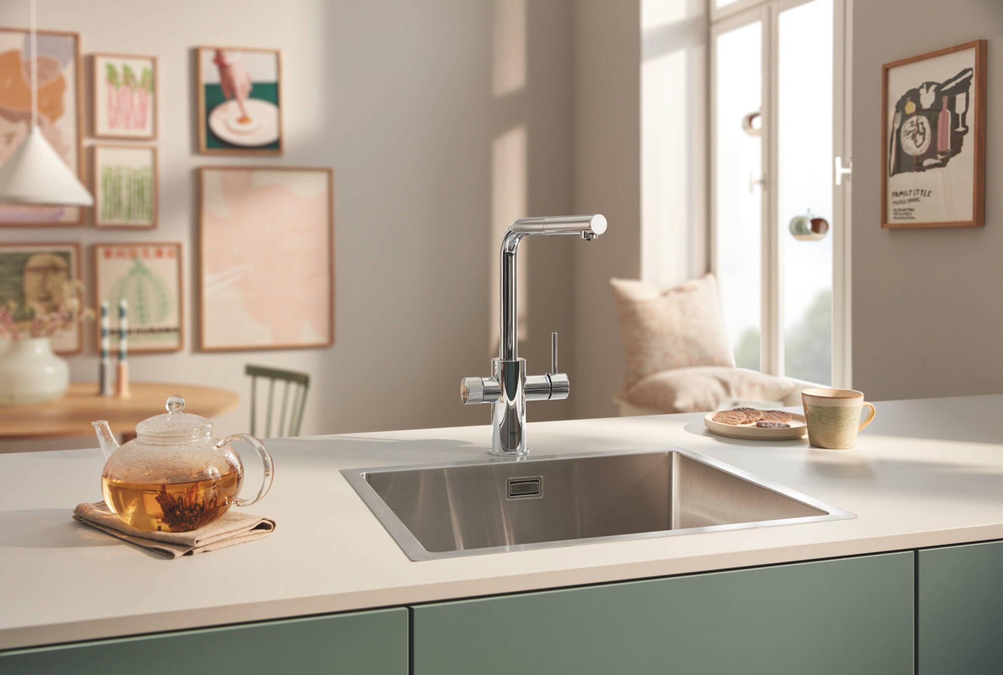 Grifo Grohe Blue Pure Minta para fregadero de cocina, con caño extraíble, con filtro de 5 fases tamaño S y contador de litros, cromo
