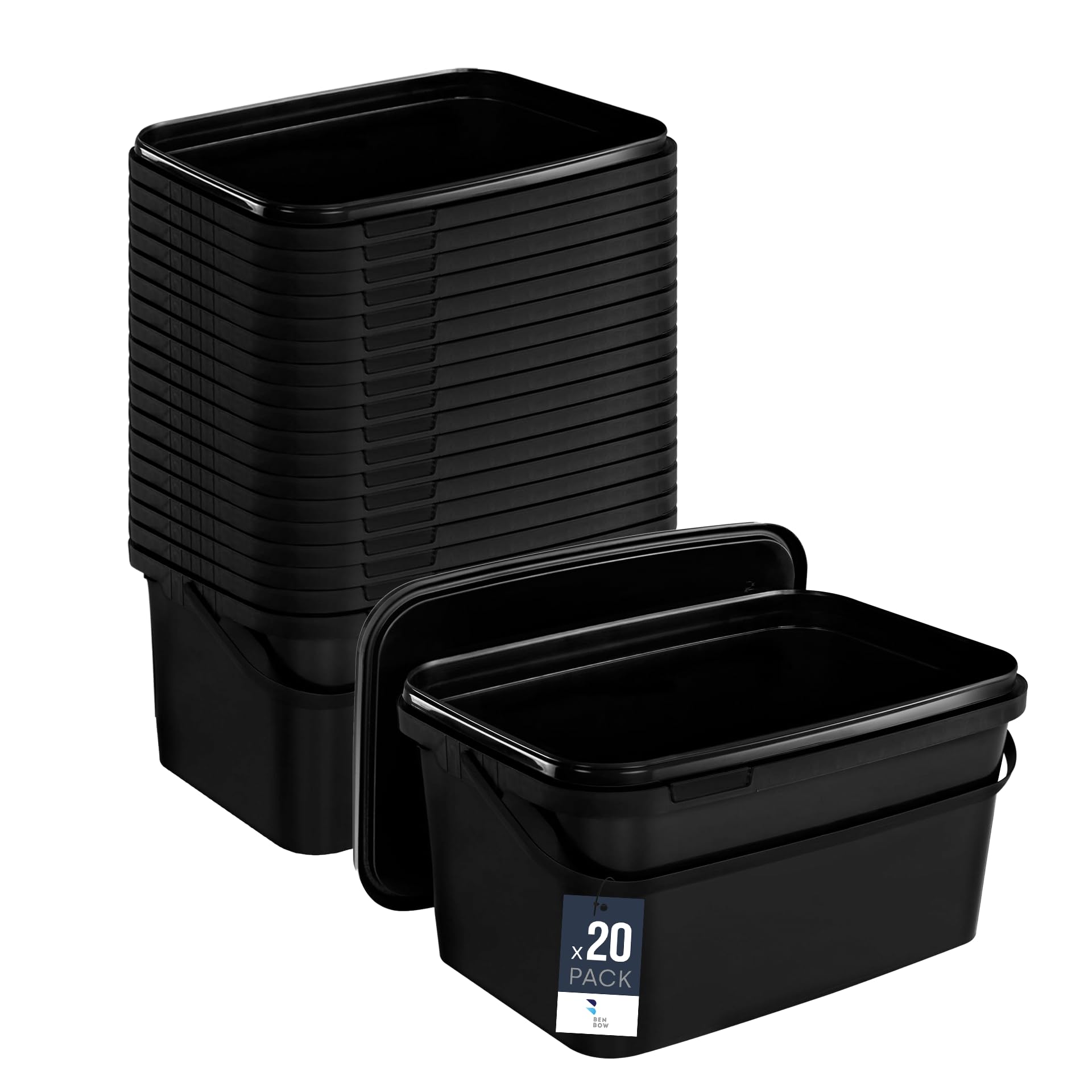 Benbow Black Rectangular Bucket With Lid 1.1 Gal (20X 5L) - Food-Safe, Stackable Plastic Box With Handle - Airtight, Leak-Proof, Odourless, Ideal For Home And Commercial Use - Empty