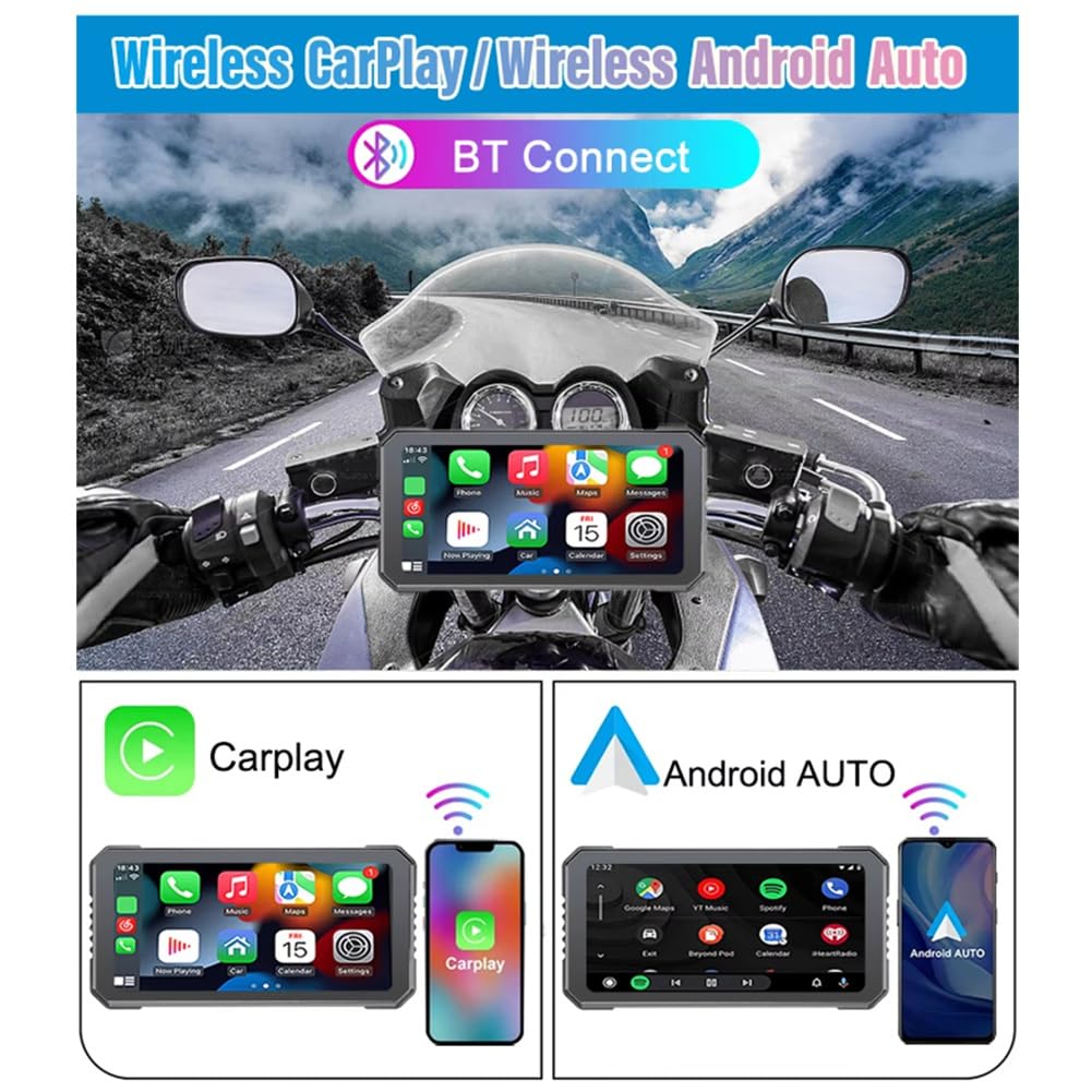 6,25 Motorrad-DVR, Kabelloses CarPlay für Android Auto, GPS-Navigationsmonitor, Bluetooth, Wasserdichter Touchscreen