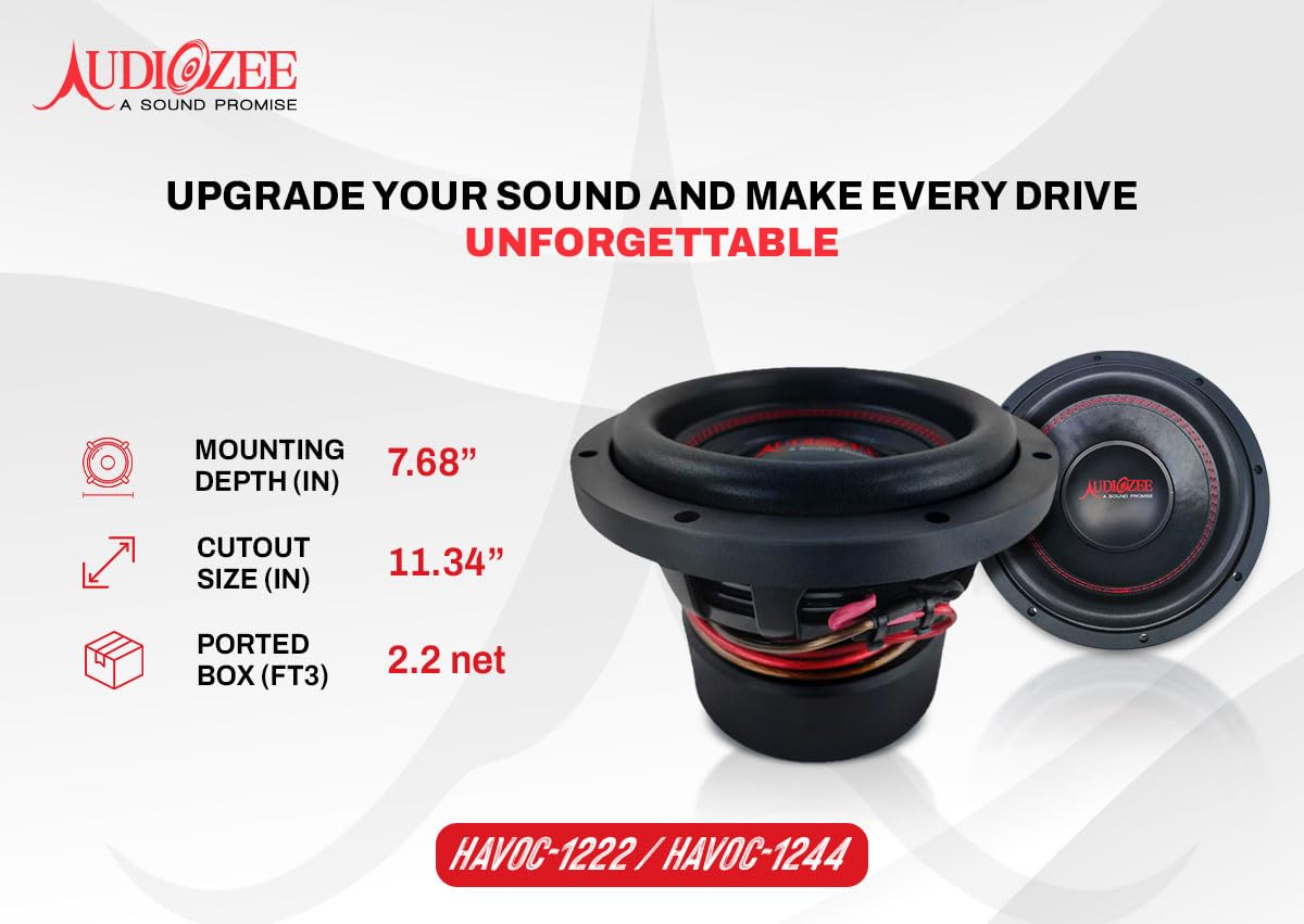 Audiozee Havoc Series Subwoofer de 12 pulgadas 1600 W RMS / 3200 W máximo, impedancia dual de 4 ohmios, cono Kevlar, diseño de grado de competencia, bobina de voz de cobre de 4 capas de 3 pulgadas