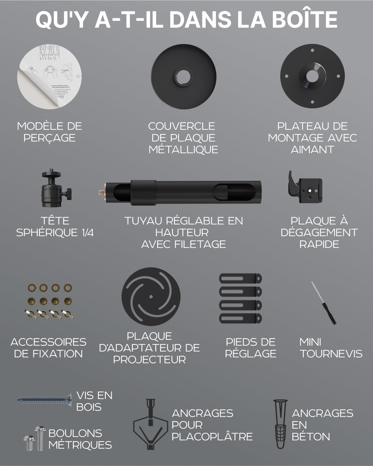 Support de projecteur Universel - Support de Plafond ou Mural réglable pour Mini-projecteurs de Bureau et domestiques - Mouvement Complet, Installation Facile, pivotant à 360°, Longueur 35-53 cm