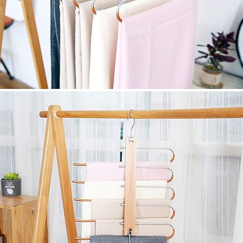 Miniatura 8 de Perchas plegables para pantalones que ahorran espacio, perchero de acero inoxidable y madera, antideslizante de 5 capas para jeans para organizador