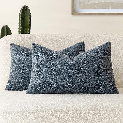 Image of Foindtower Pack of 2, Curly Faux Fur Decorative Throw Pillow Covers Soft Plush Cushion Case with Zipper Cozy Fluffy Boho Pillowcase for Home Living Room Couch Bedroom Bed Sofa 12 x 20 Inch, Blue