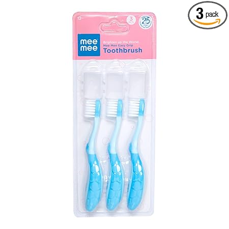 Mee Mee Baby Toothbrush with Soft bristles and Cap, Germ free teeth for Kids/Babies (Pack of 3) (Easy Grip, Blue)