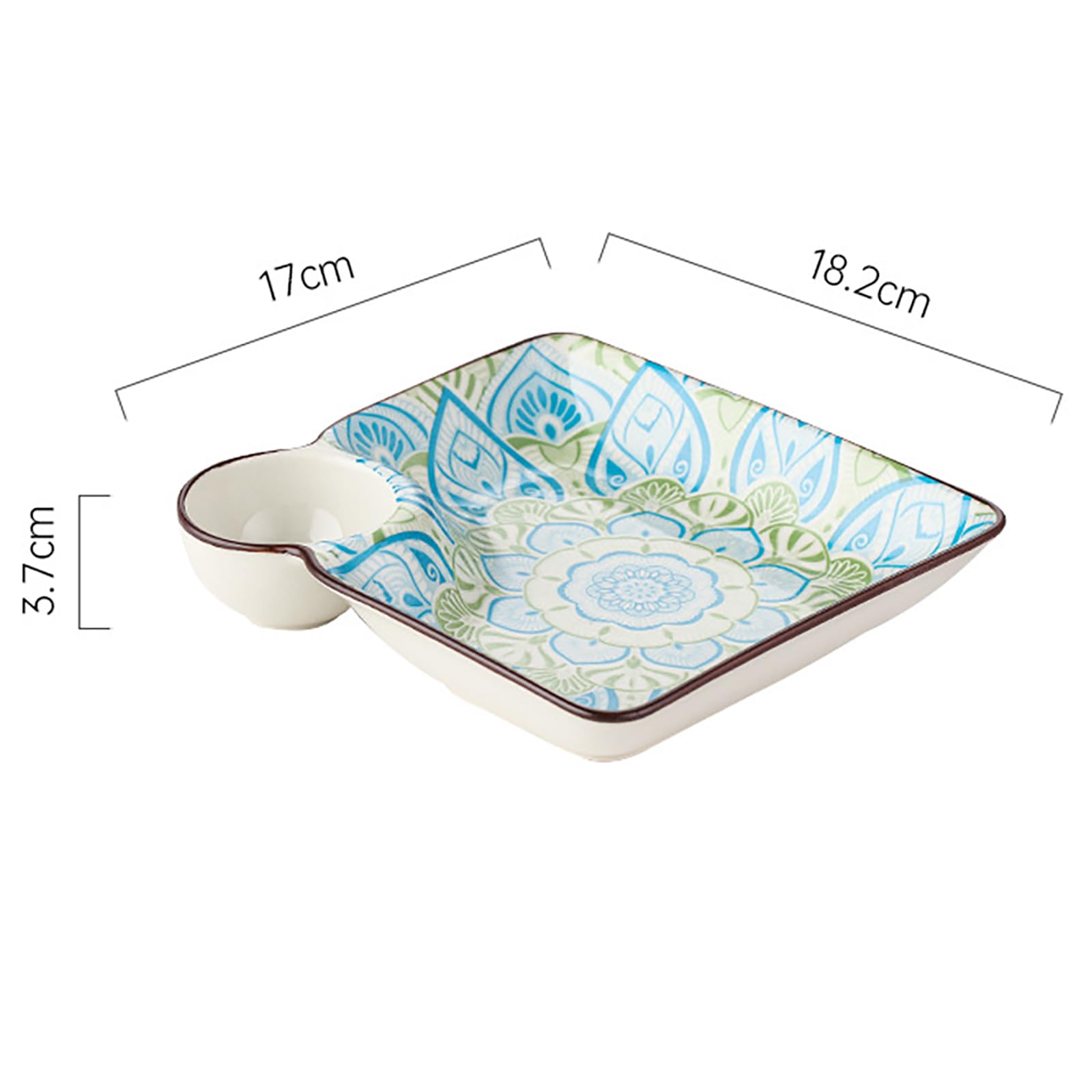 RISHORI 2 Piece 7.1 Inch Square Snack Dumpling Plate with Sauce Plate, Bohemian Style, Underglaze Ceramic Household Tableware,Blue