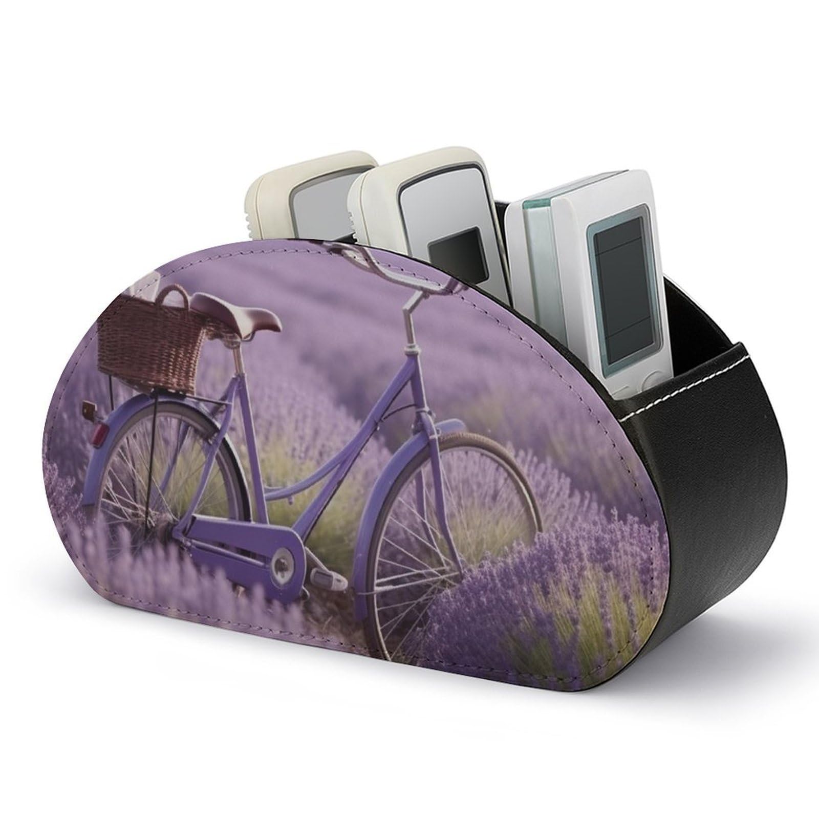 NTVOWPZO Lavender Field Bike Remote Control Holder with 5 Compartment Organizer Box, Leather TV Remote Holder Organizer Caddy for Table, PU Leather Remote Box for Nightstand Office Desk Storage Box