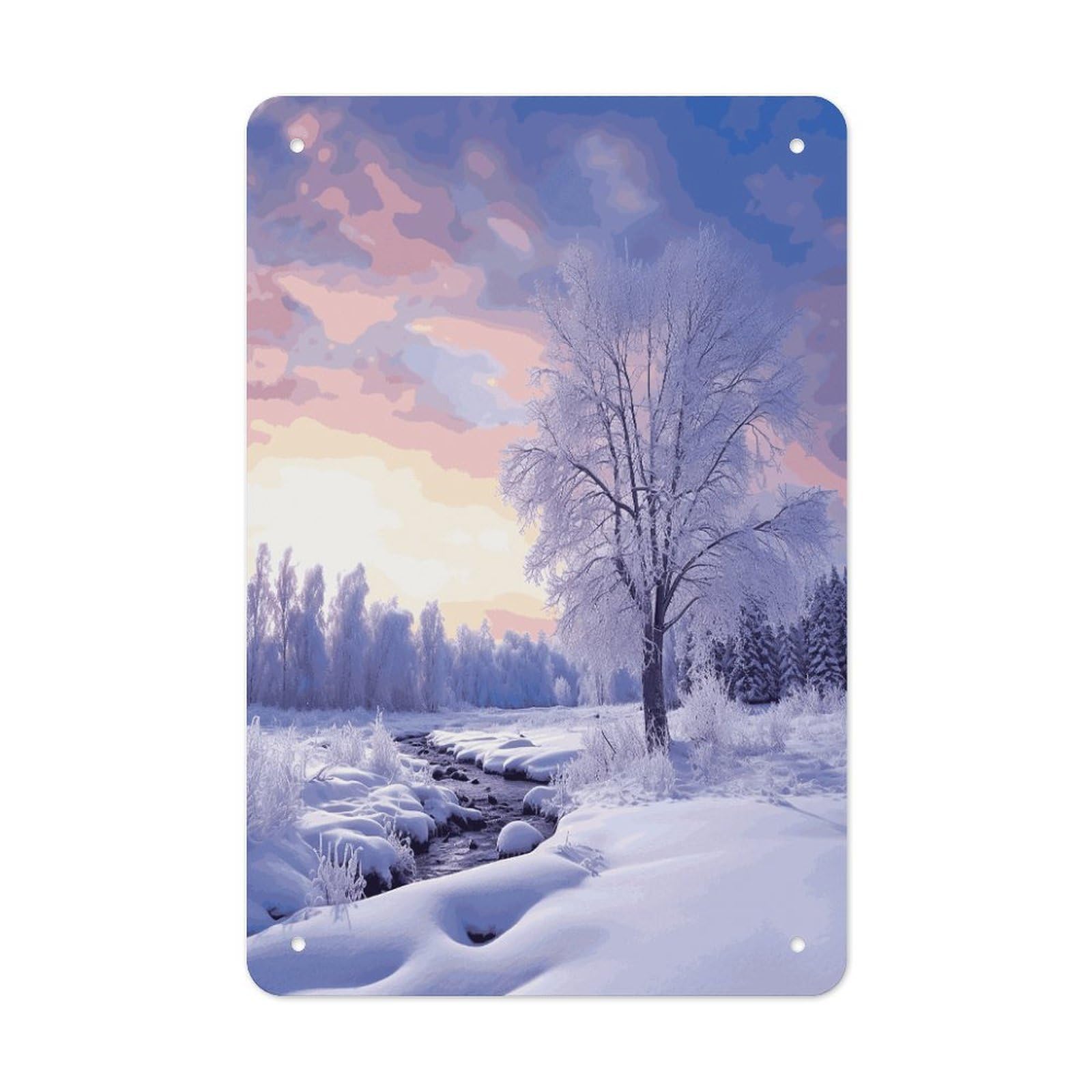 LDGSUPH Winter Landscape Wall Art Prints Folded Edge Iron Sheet Painting with Holes for Wall Prints Decorative Picture Metal Signboard Decor Painting for Outdoor Indoor Wall Decor