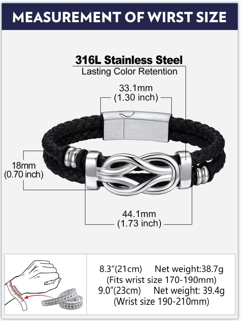 Bandmax Infinity Love Knot Bracelet for Men Black Leather Love Link Cuff Bracelet Mens Gifts for Father's Day Birthday Anniversary Christmas - Image 6