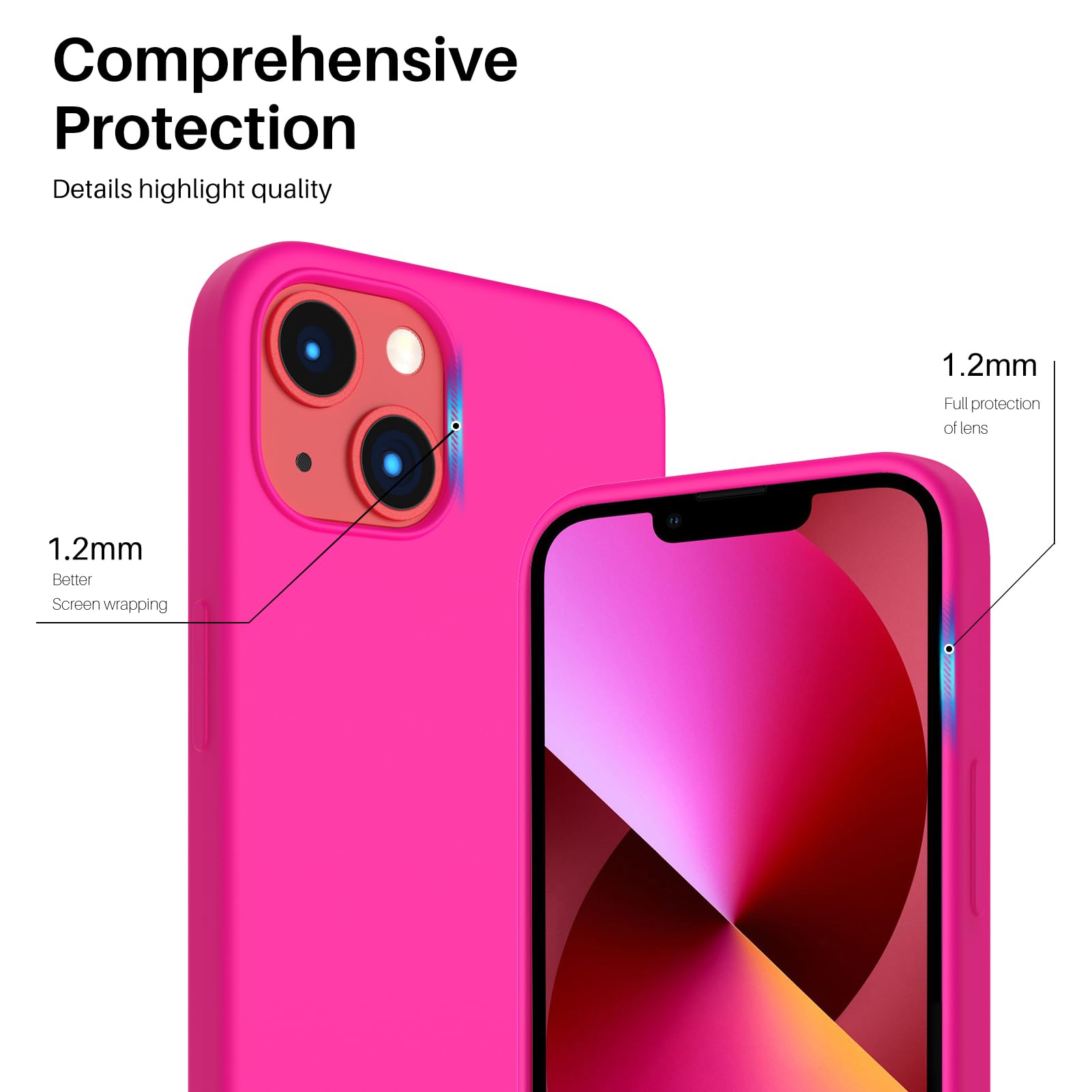 ORNARTO Custodia Compatibile con iPhone 13 Cover 6,1”, Protezione Completa Cover Sottile in Silicone Liquido in Gomma Gel Morbida con Fodera in Microfibra 6,1 pollici-Rosa caldo