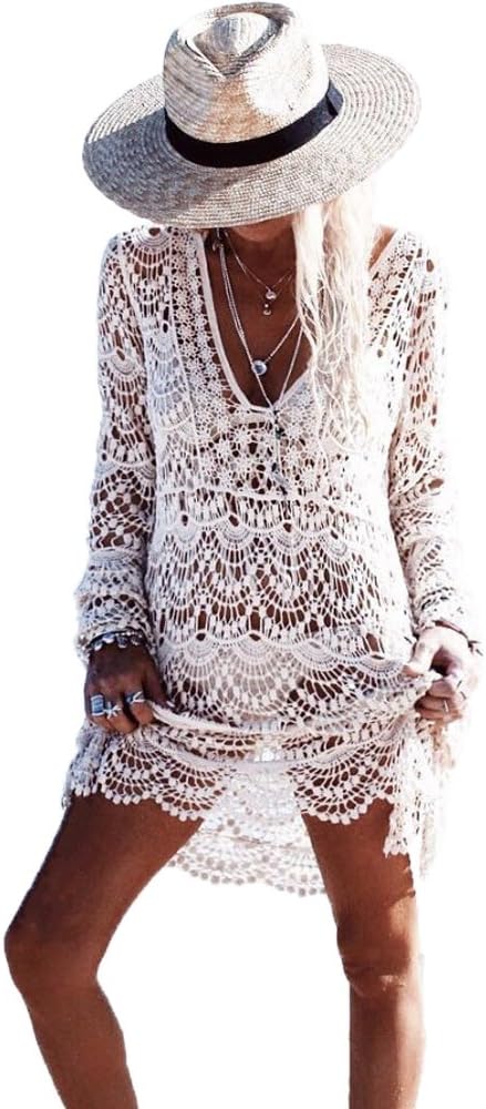 Saherewanr Women Swimsuit Cover Up Dress Lace Long Bathing Kimono Beach-wear Mini Crochet Stripe Cardigan White Tassel Skirt (Front V)