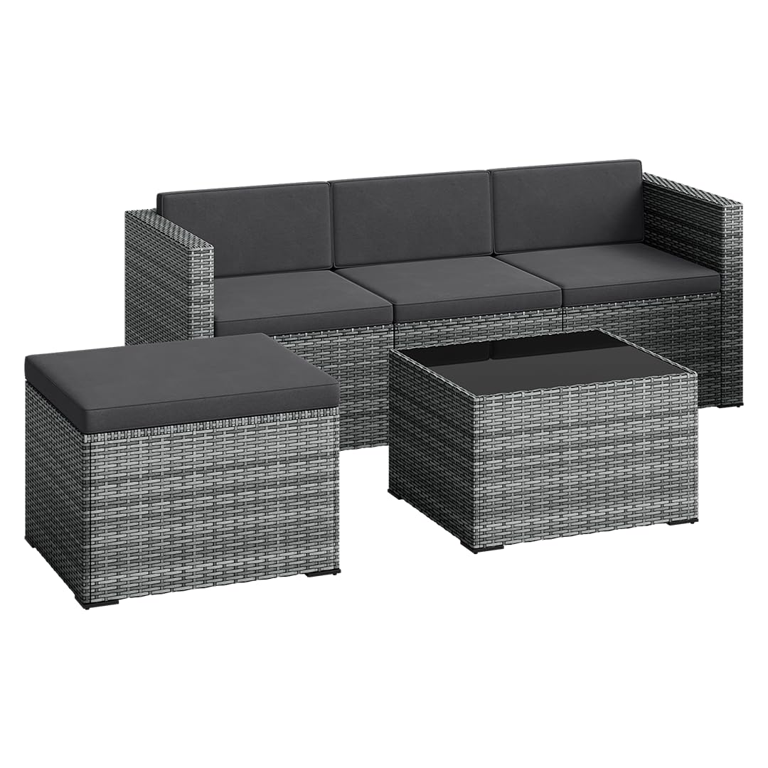 STEELSØN Zethora Rattan Gartenmöbel Set 3-TLG. – Outdoor Sitzgruppe für Garten/Terrasse/Balkon – Gartenlounge mit 3er-Sofa, Hocker & Tisch – Sitzgarnitur Set grau/anthrazit für 4 Personen