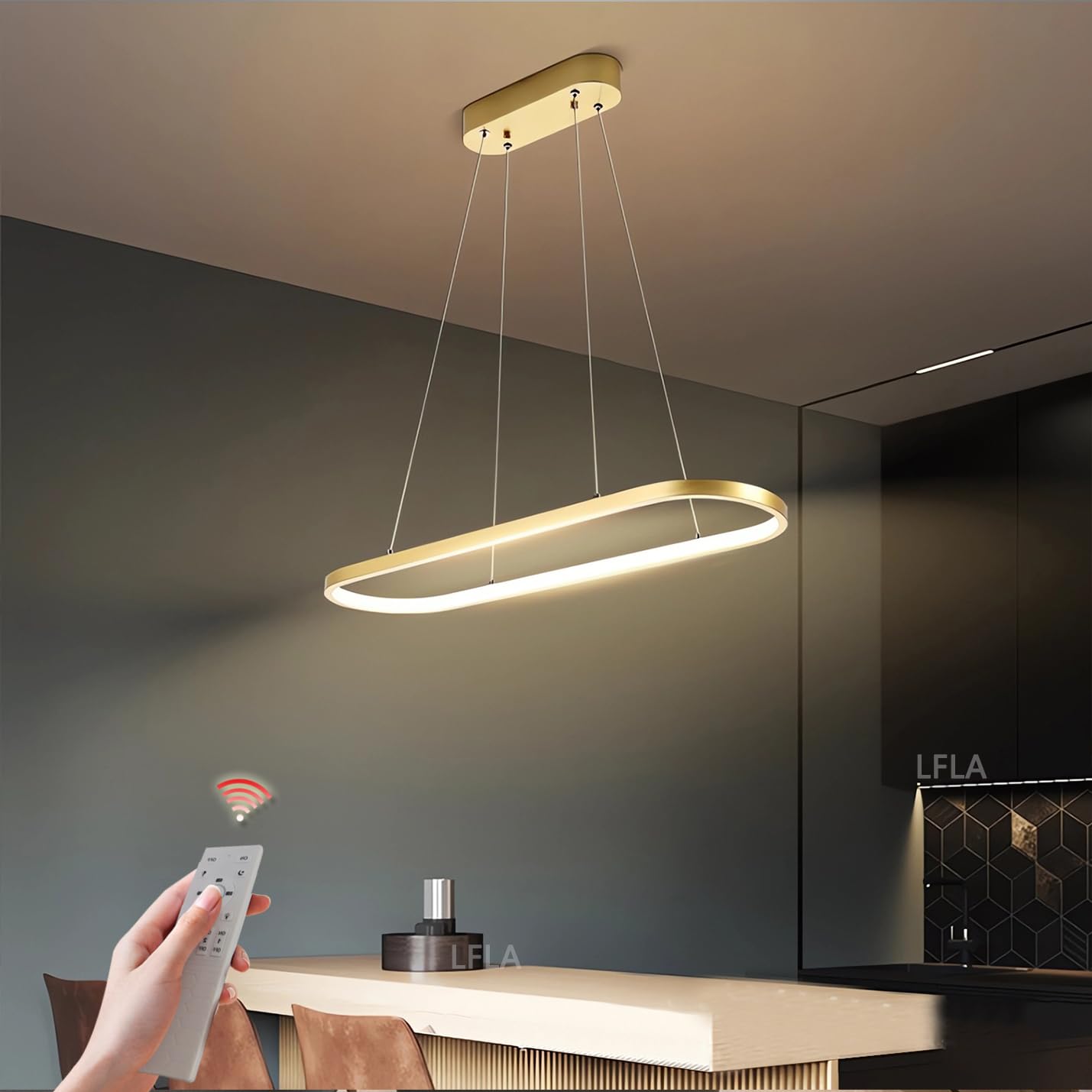 Dimmable LED Pendant Light Dining Room Modern Dining Table Hanging Lamp with Remote Control Oval Design Chandelier Height Adjustable Creativity Study Kitchen Living Room Light (Gold, L70cm,33W)