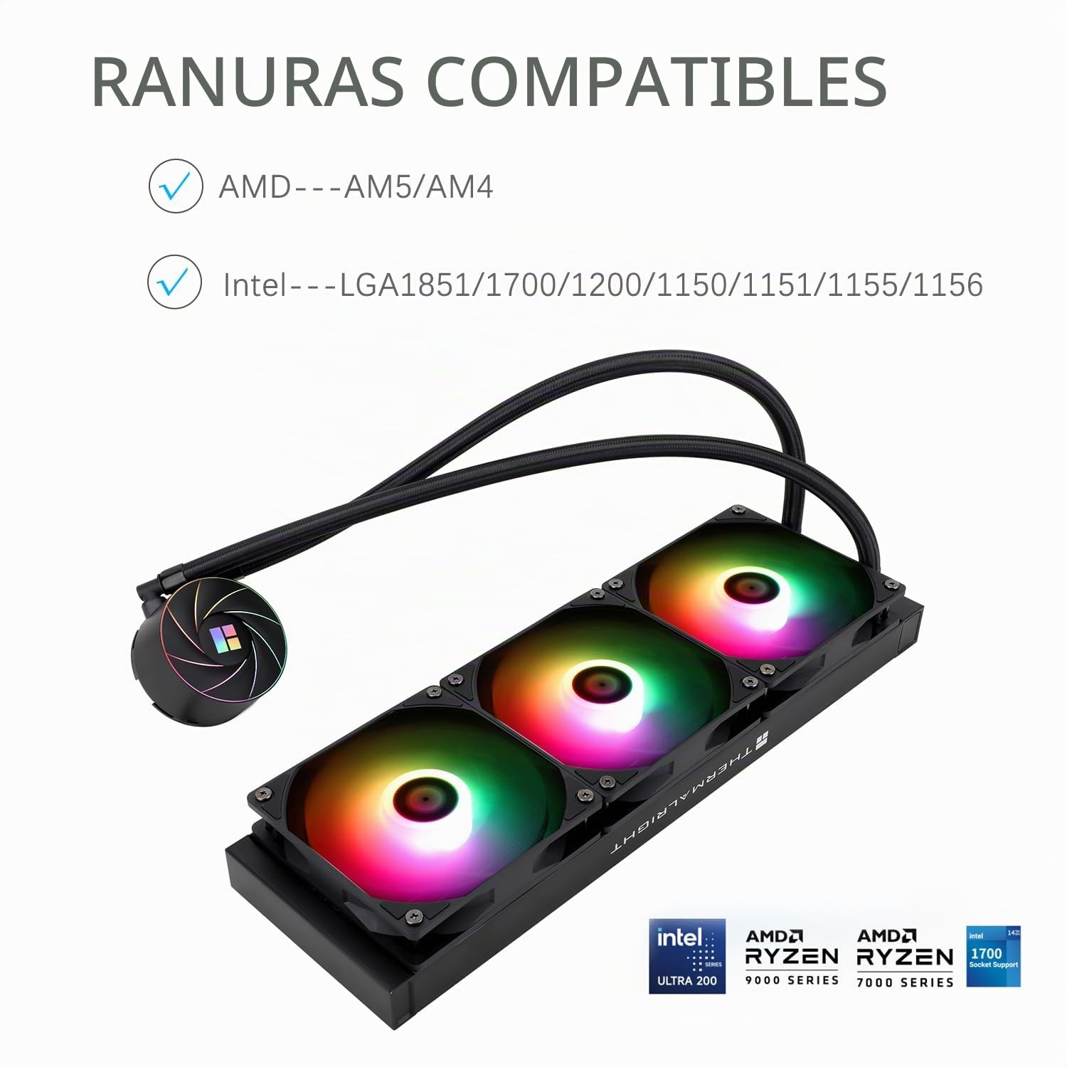 TR-Thermalright AQUA ELITE 360, Enfriador líquido para CPU, Refrigeración AIO de 360 mm, 3 ventiladores PWM de bajo ruido con ARGB, Para AM4/AM5, Intel LGA1851/1700/115x/1200, Negro