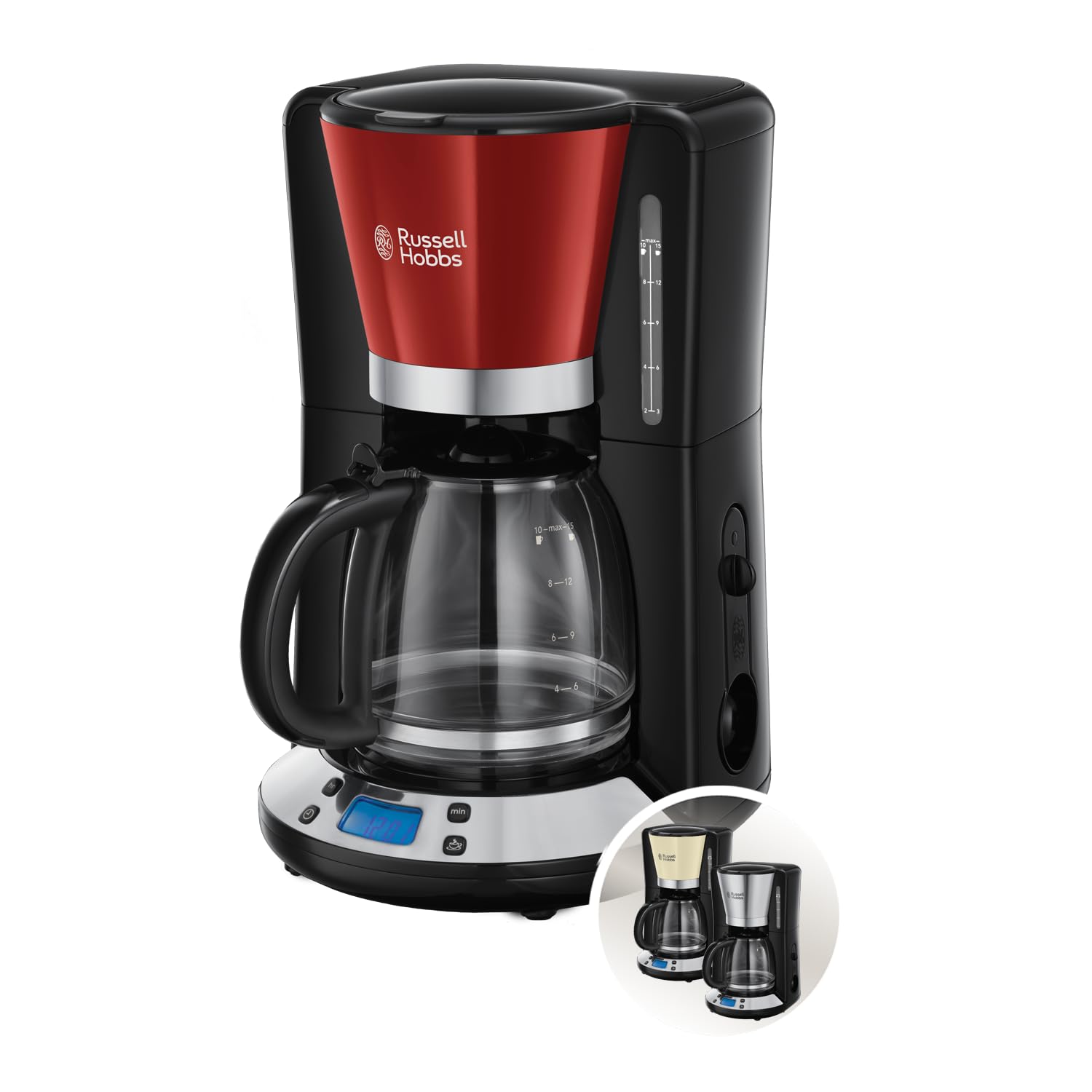 Russell Hobbs Kaffeemaschine [Digitaler Timer, Brausekopf für optimale Extraktion&Aroma] Colours+ Rot (1 bis 10 Tassen, 1,25l Glaskanne, Warmhalteplatte, 1100W) Filterkaffeemaschine 24031-56
