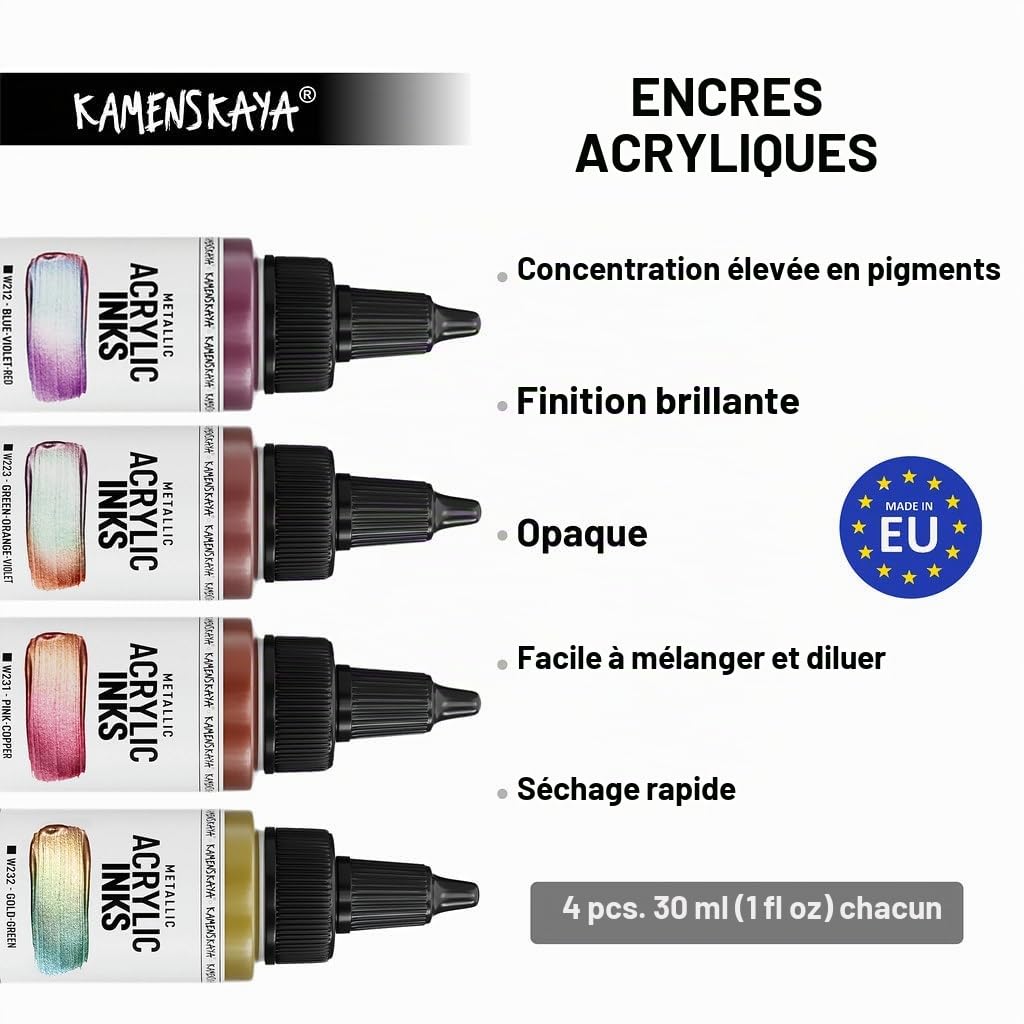 Kamenskaya Lot de 4 flacons d'encre acrylique Chameleon Metallics