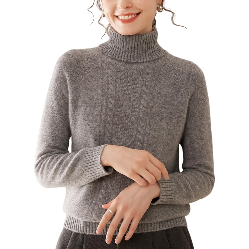 DISSA Maglione da donna in cashmere, a collo alto, a maniche lunghe, in lana cashmere, motivo a treccia, maglione spesso rilassato, SH530