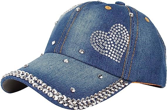 Fashion Rhinestone Denim Baseball Cap Studded Bling Hat for Women Girls Big Head