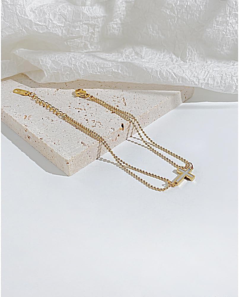14K Gold Plated Bracelet for Women | Double Layered Chain with Cross Pendant | Elegant & Sustainable Gold Jewelry - Image 4