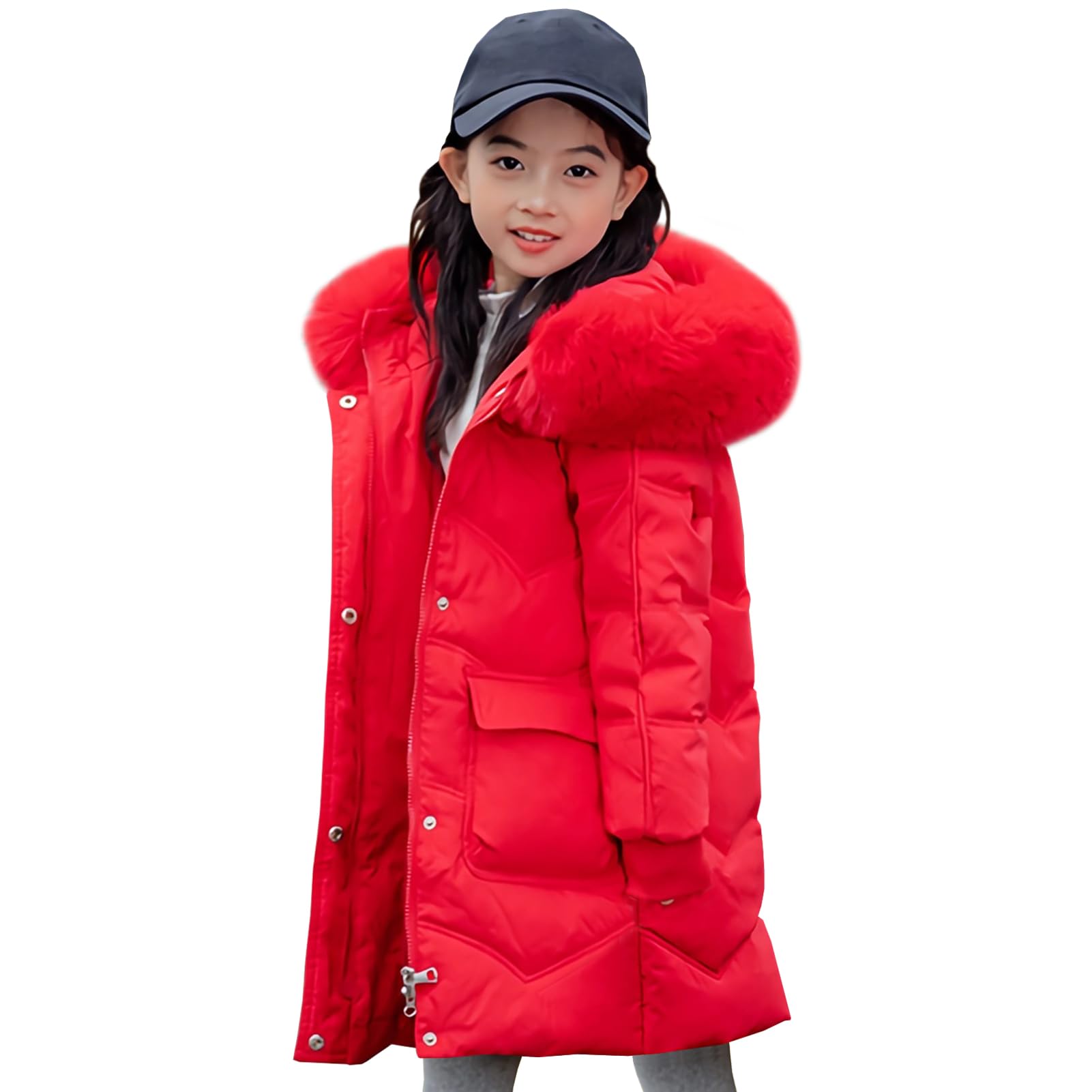 Piumino da bambina con cappuccio, giacca trapuntata ispessita e allungata, antivento, caldo parka invernale per attività all'aria aperta