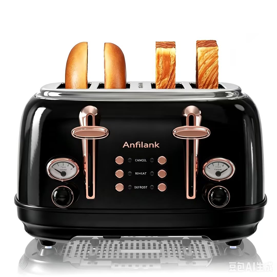 Anfilank Toaster 4 Slice - Retro Stainless Steel Design with 6 Browning Levels, 1.6" Wide Long Slots, Reheat and Defrost Functions, Removable Crumb Tray, Vintage Toaster- Elegant Kitchen Appliance