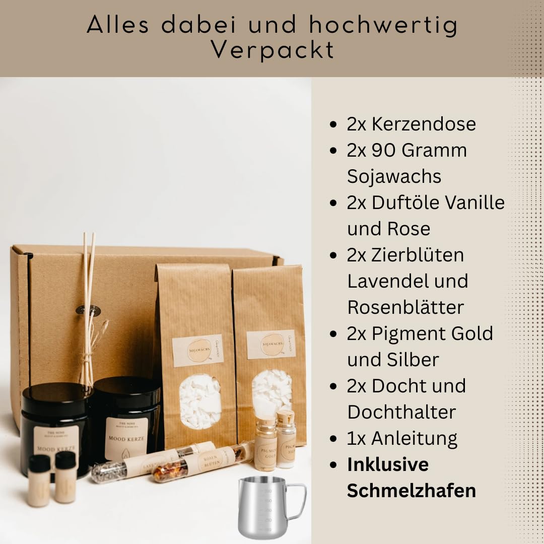 Premium DIY Kerzen Selber Machen Set – Geschenk-Edition | 2× Kerzendosen mit Deckel | Schmelzpfanne, Sojawachs, Dochte, Duftöl, Lavendel & Rosenblätter, Pigmente,Komplettes Kerzenherstellungs-Kit