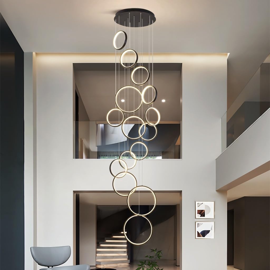 Lampadario a Sospensione LED Moderno - Plafoniera dimmerabile con Telecomando, Altezza Regolabile, 18 luci, 195W. Ideale per Scale, Soggiorno, Hotel, Ingresso.