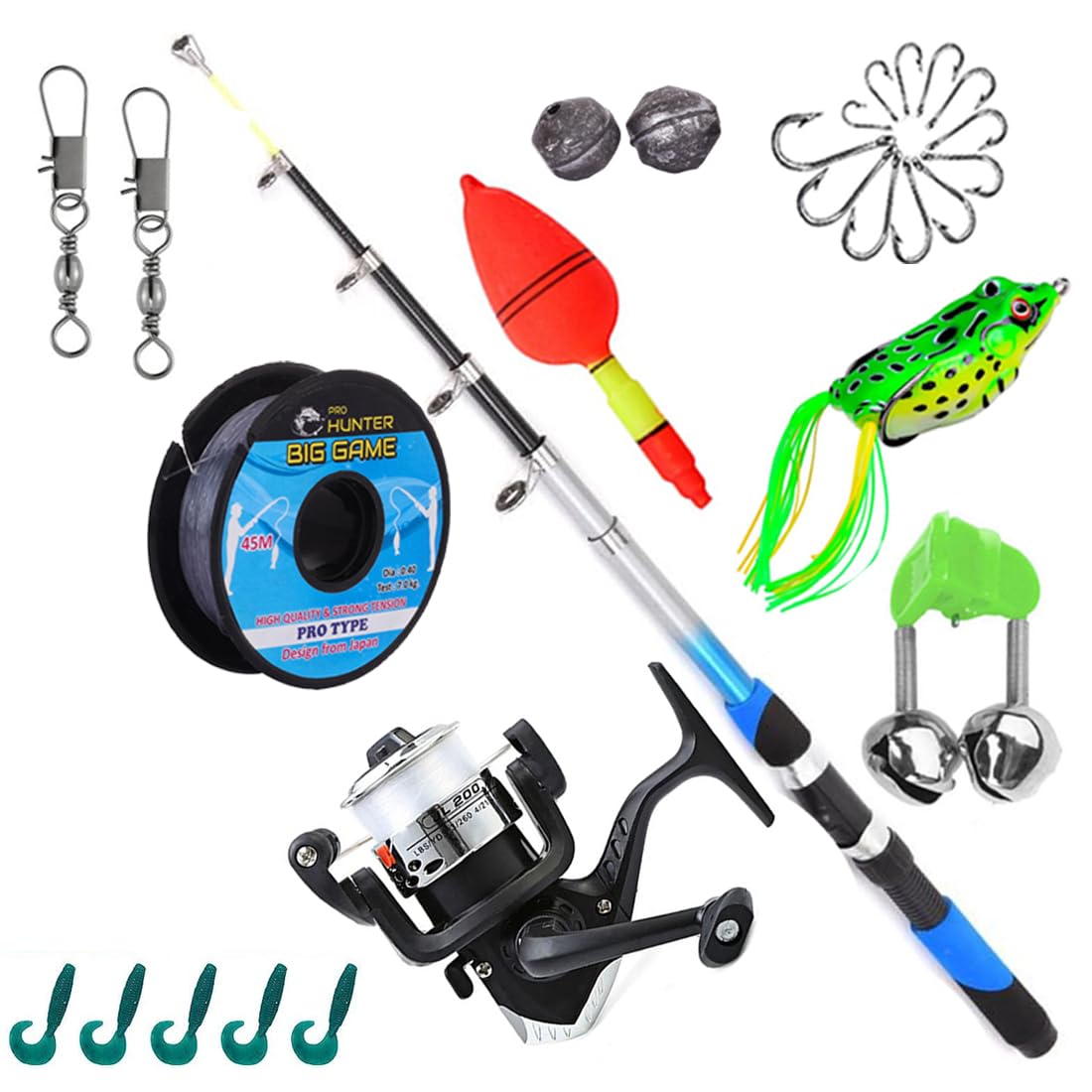 Fishing Rod and Reel with Hook,line,Soft Lure, Frog Combo 6feet