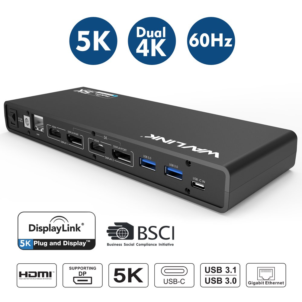 WAVLINK Station d'accueil USB-C, 2X (HDMI+Displayport), 5K et Dual 4K Display, 6xUSB3.0, USB-C, Gigabit Ethernet, Audio&Mic, pour Ordinateur Portable PC, Compatible avec Mac OS et Windows