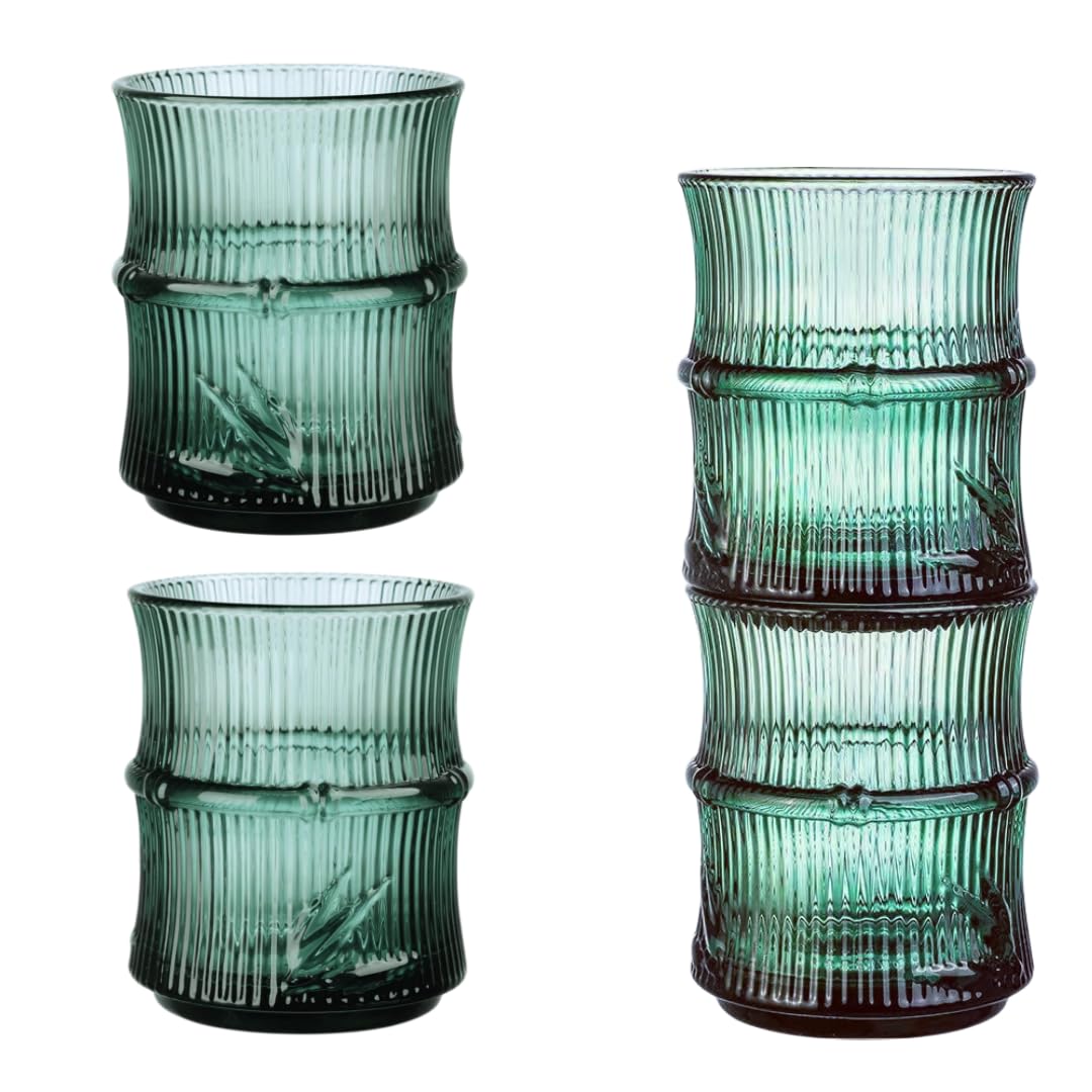 Vasos de vidrio verde para whisky, agua y café con diseño apilable