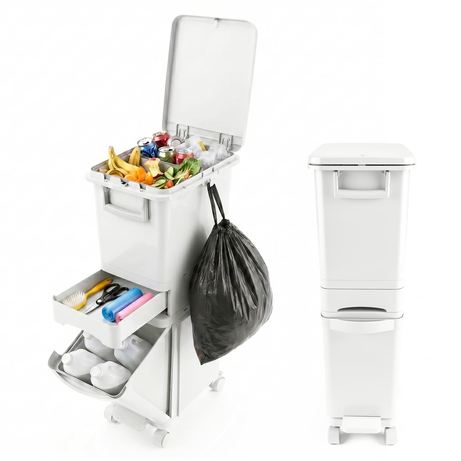 32 L Mülleimer Küche 3 Fächer, Abfalleimer mit Deckel & Pedal, Mülleimer auf Rädern, Mülltrennsystem mit Kippbehälter, Deckel, Schublade, Küchenabfalleimer für Küche & Wohnzimmer, Weiß