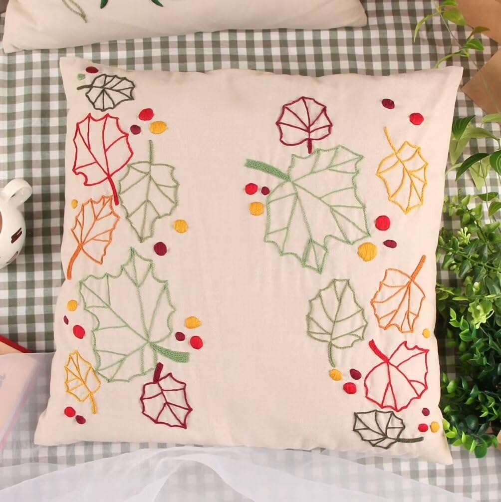 ATOLY Embroidery Kit with Maple Leaves Pattern Pillowcase Cover, Instruction, Drawings, for Pillow Cover, Cushion Cover - 17×17 Inches