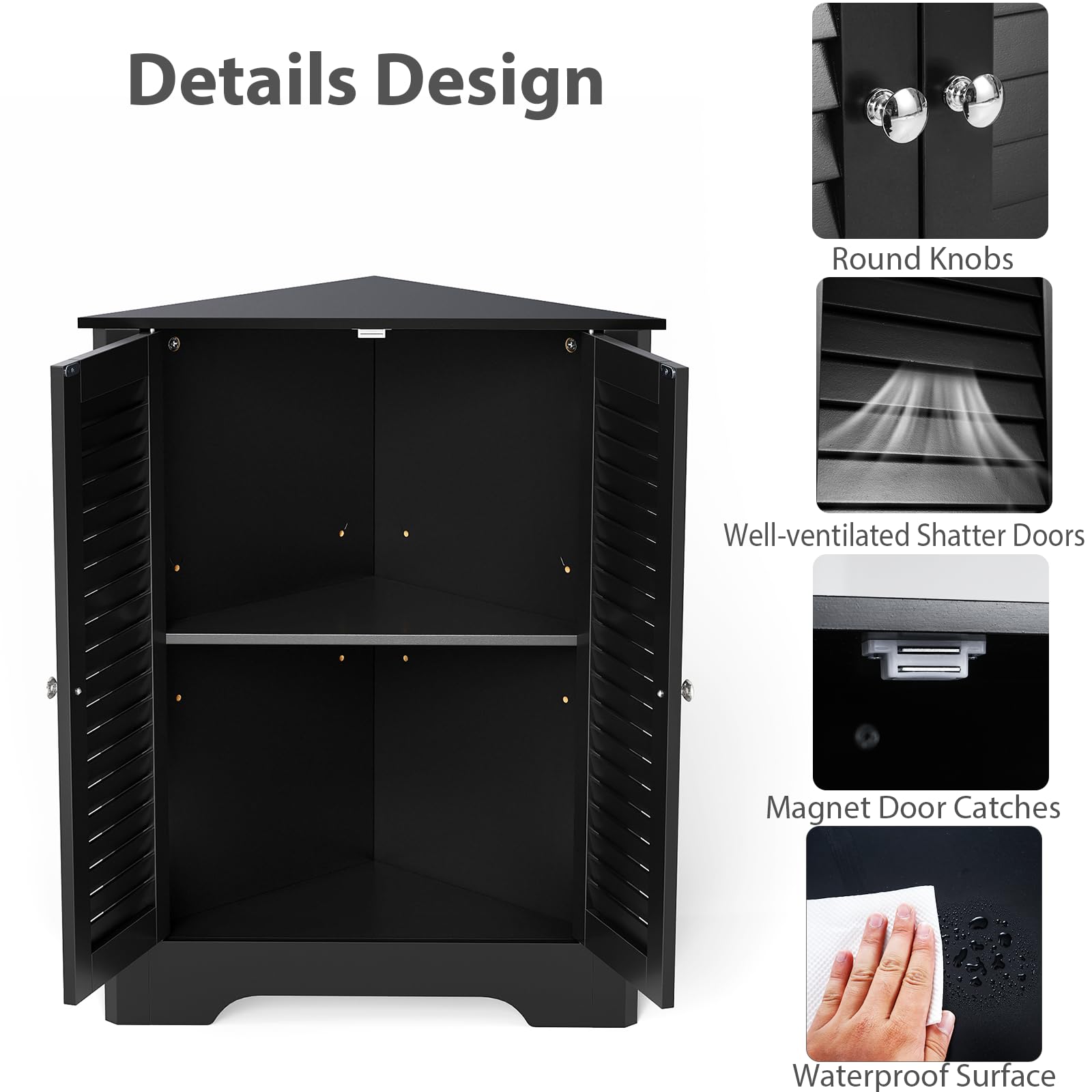 LIFEZEAL Meuble d'angle de Salle de Bain avec Porte, Armoire de Toilette Triangulaire avec Étagère Réglable, Meuble d'angle WC en Bois, 31,5 x 63 x 81 cm (Noir)