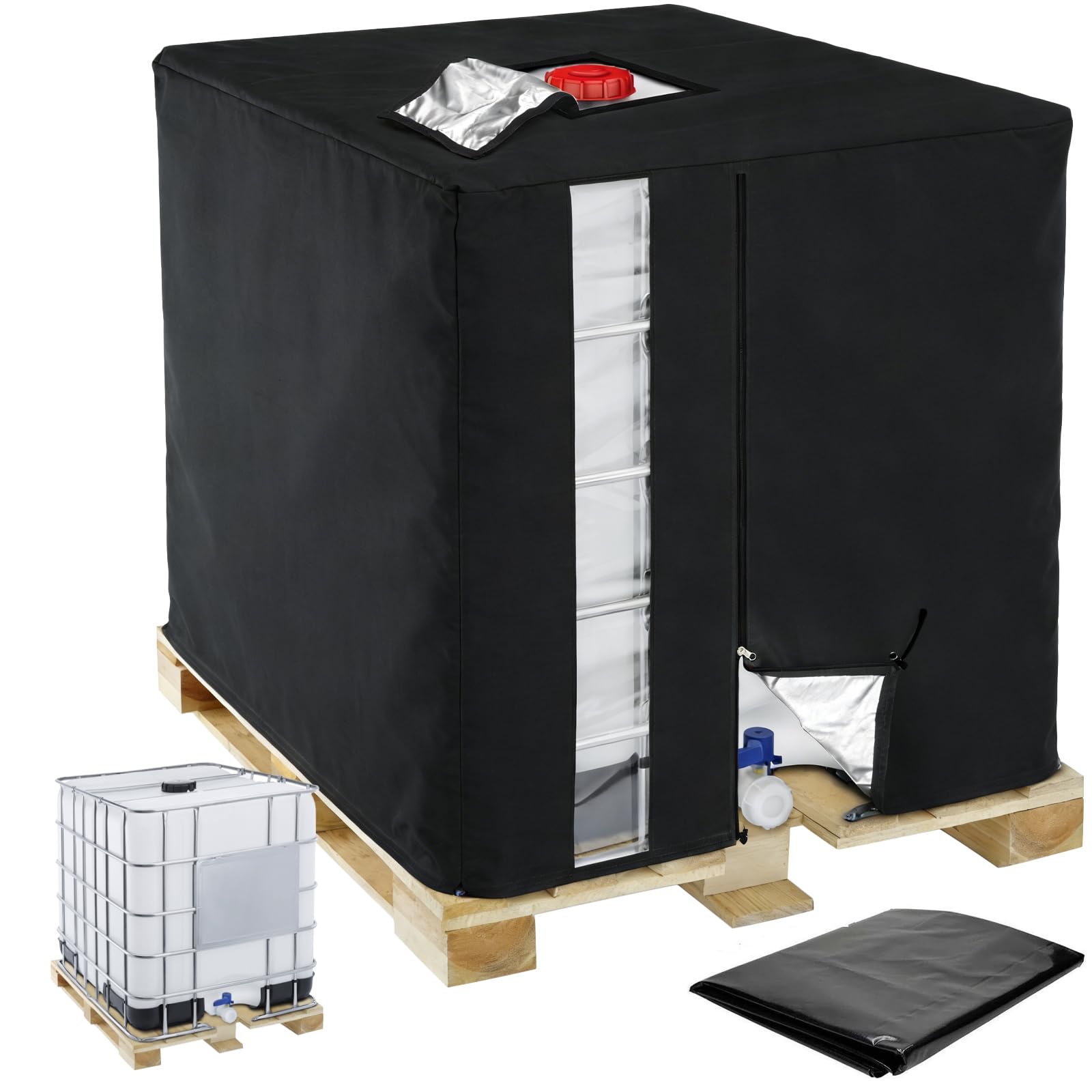 IBC Tank Abdeckung 420D Oxford Abdeckplane für 1000L Wassertank, IBC Container Abdeckung UV Schutz Schutzhülle,Regenwassertank Container Cover mit Sichtfenster,120 x110 x116 cm-Schwarz