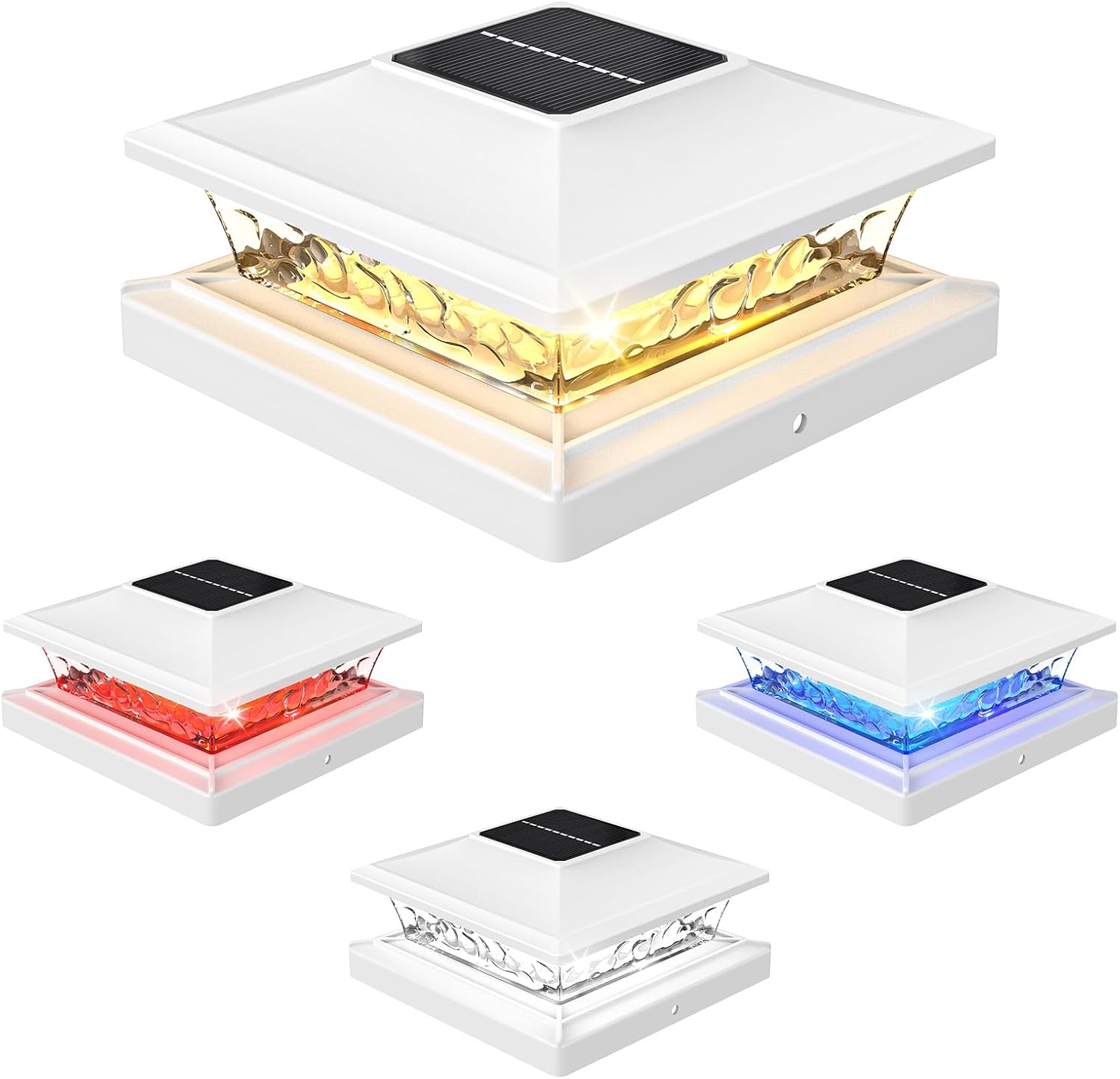 APONUO Solar Post Cap Lights with 8 RGB Solid Colors & Multicolor Flow - 4 Pack Fence Post Solar Lights, IP65 Waterproof - Fits 4x4 5x5 6x6 Wood & Vinyl Posts - White White 4 Pack