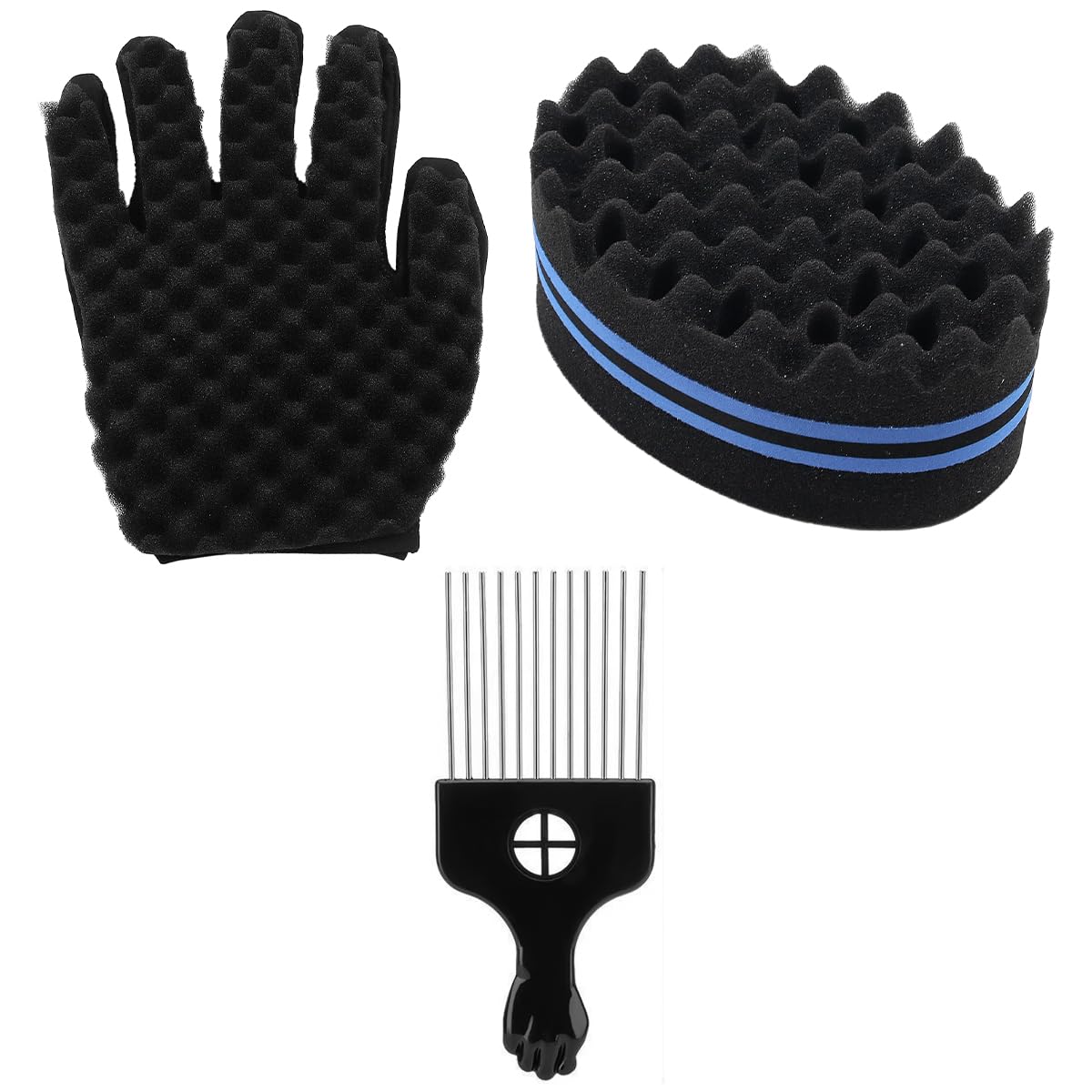 3 Pieces Black Twist Sponge Brush Twist Wave Barber Tool and Metal Hair Comb Pick for Home Barber Salon Braid Hair Comb Styling Tool