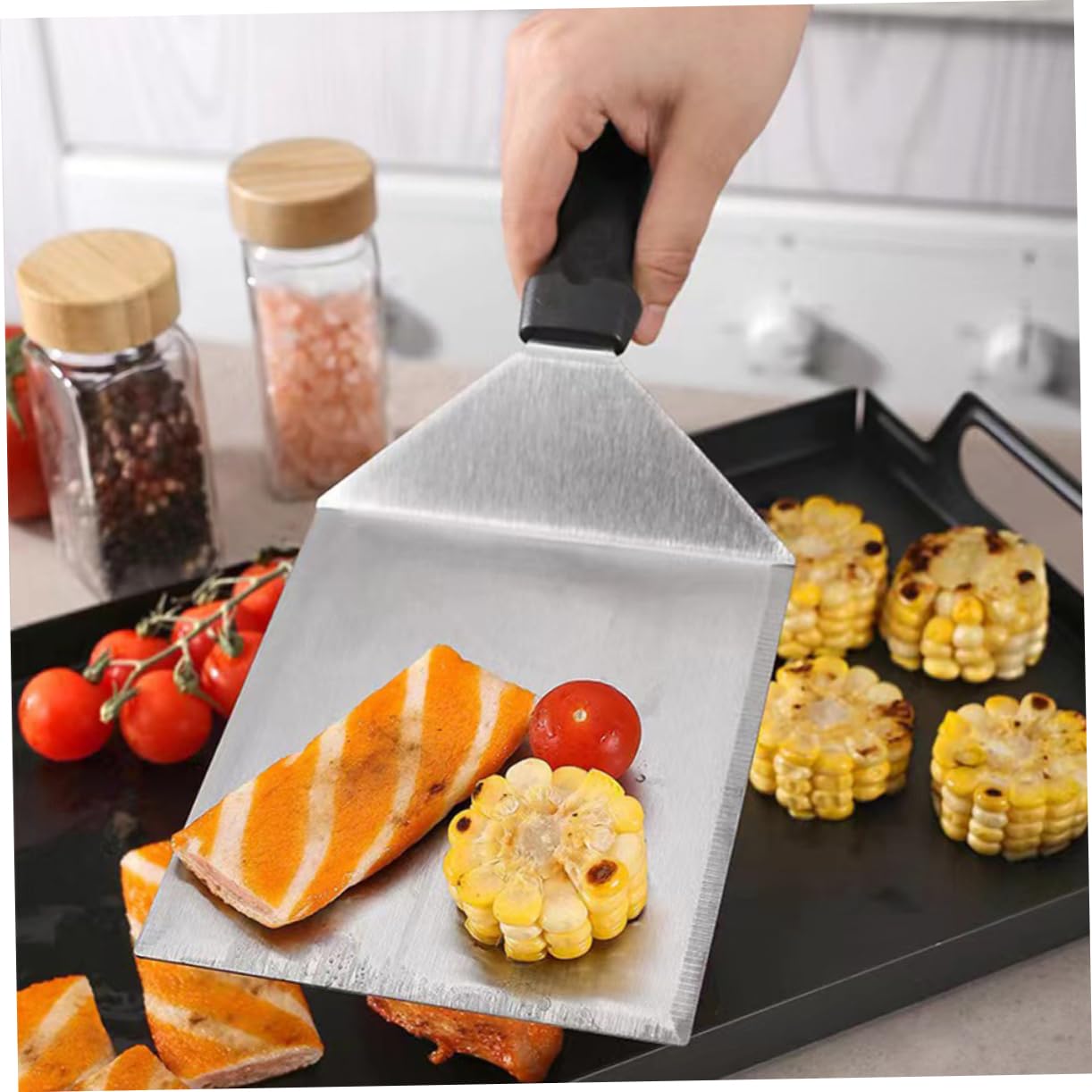 Set Utensili Barbecue 3 Pezzi in Acciaio Inossidabile | Impugnatura Pp, Pressa per Bistecca e Spatola, Uso Cucina e Burger Fai da Te