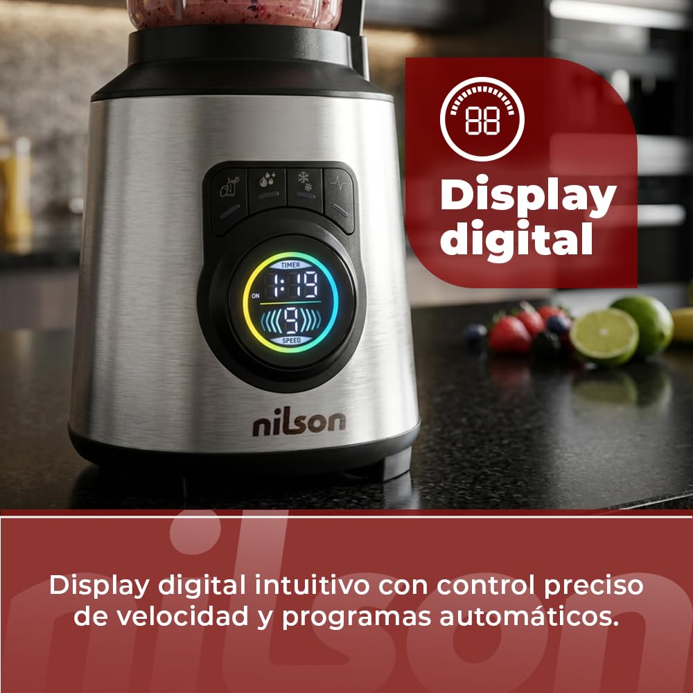 Batidora de Vaso Nutricional, 1200 W Potencia Máxima, Capacidad 1,5 L, 9 Velocidades, Display LED Manual, Tritura, Mezcla y Pica Hielo, Función Turbo, NTB1200DX, Cable 80 cm, Inox