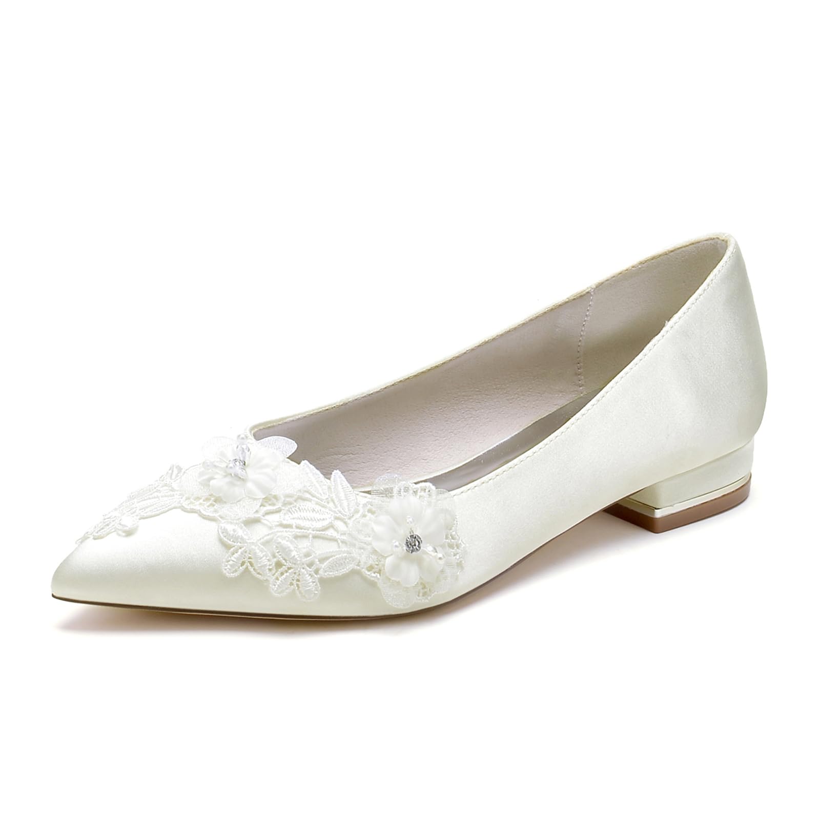 Damen Flache Brautschuhe Satin Slip on Ballerinas Spitze Zehen Spitzen Blume Brautjungfer Hochzeitsschuhe