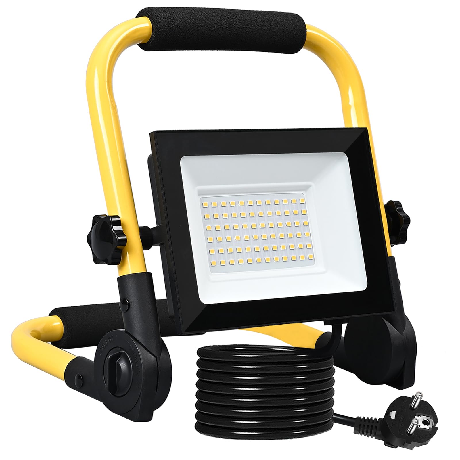 Faretto LED da cantiere, 50 W, 4300 lm, luce bianca calda, 3000 K, con spina + cavo di alimentazione da 3 m, IP66, portatile, per cantieri, officina, garage
