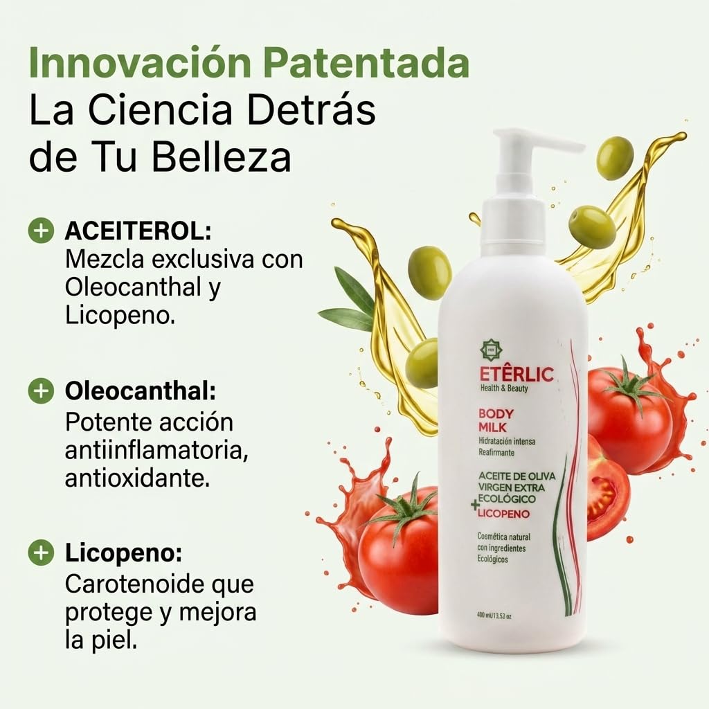 ETÊRLIC Body Milk 400ml - Cosmecéutico Natural con ACEITEROL | Aceite de Oliva Ecológico, Centella Asiática, Antiinflamatorio, Antioxidante, Reafirmante para Piel Madura