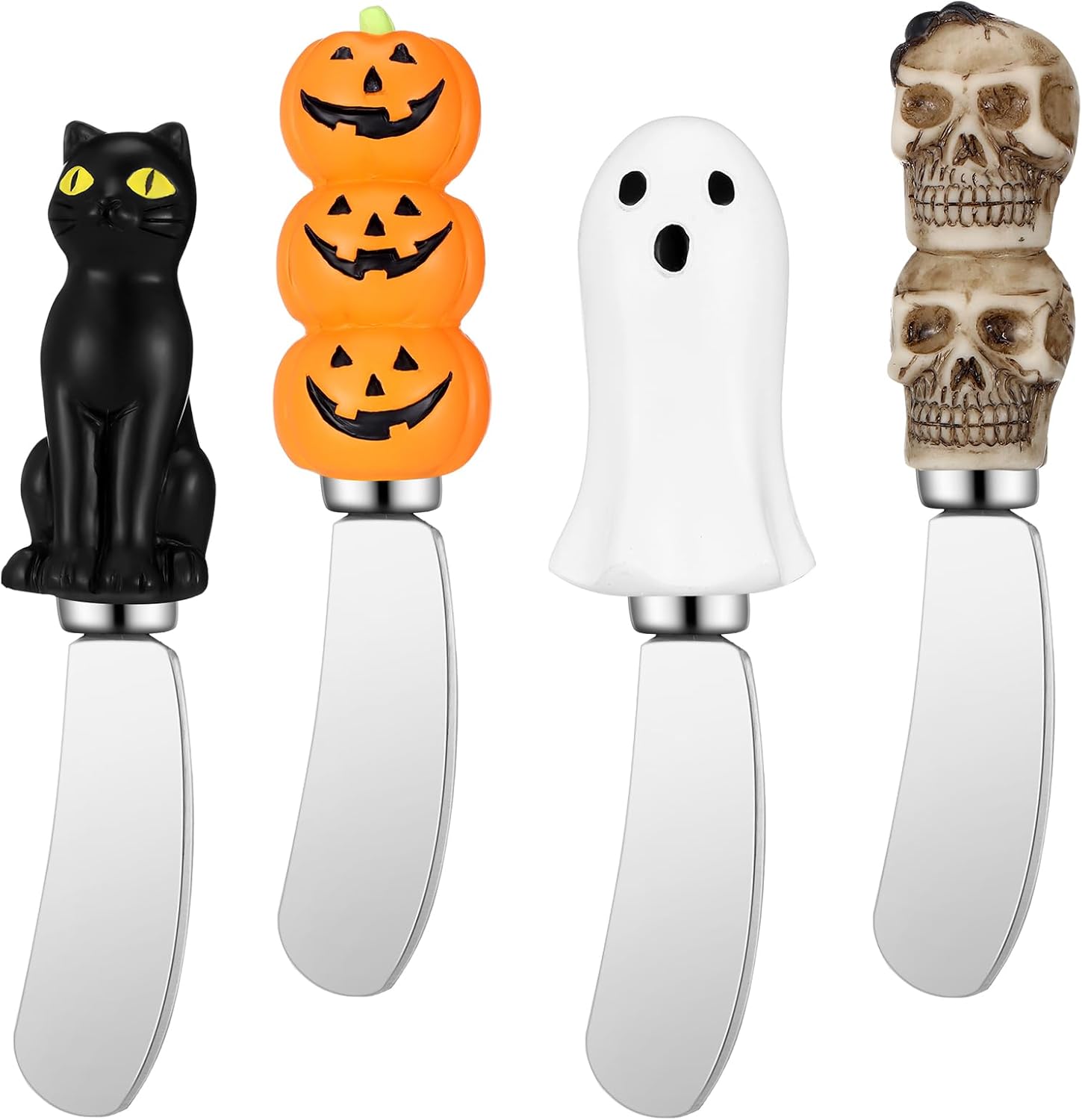4 Pcs Halloween Cheese Knives Butter Spreader Decor Multipurpose Cheese Spatula Spreader Set Pumpkin, Black Cat, Ghost, Skull Hand Painted Resin Handle with Stainless Steel Blade