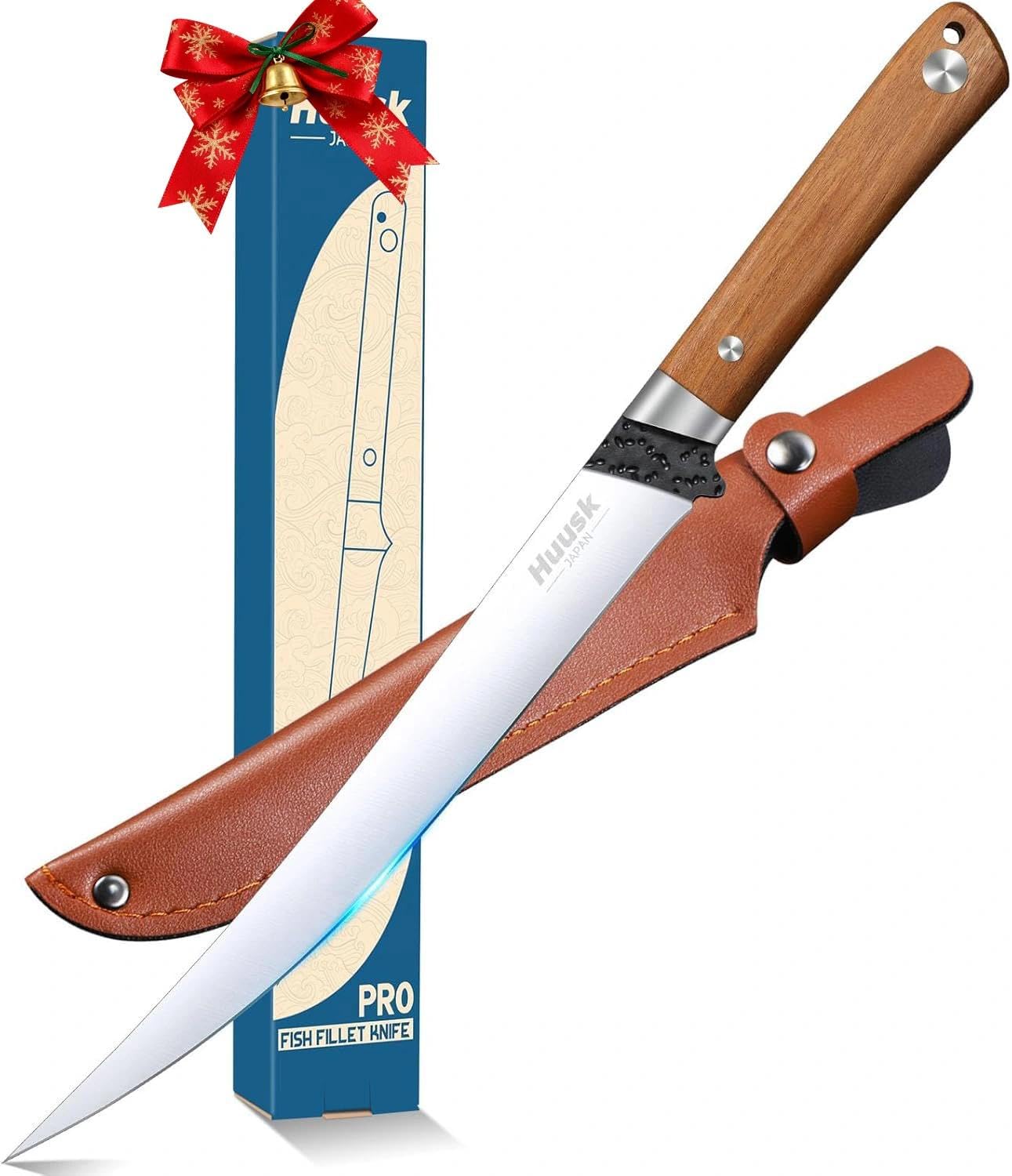 Huusk Fillet Knife for Fish - Sharp Japanese Fish Knives, Professional 9 Inch Flexible Boning Knife with Ergonomic Wooden Handle, Filleting Knives for Meat Cutting Christmas Gift for Men and Women