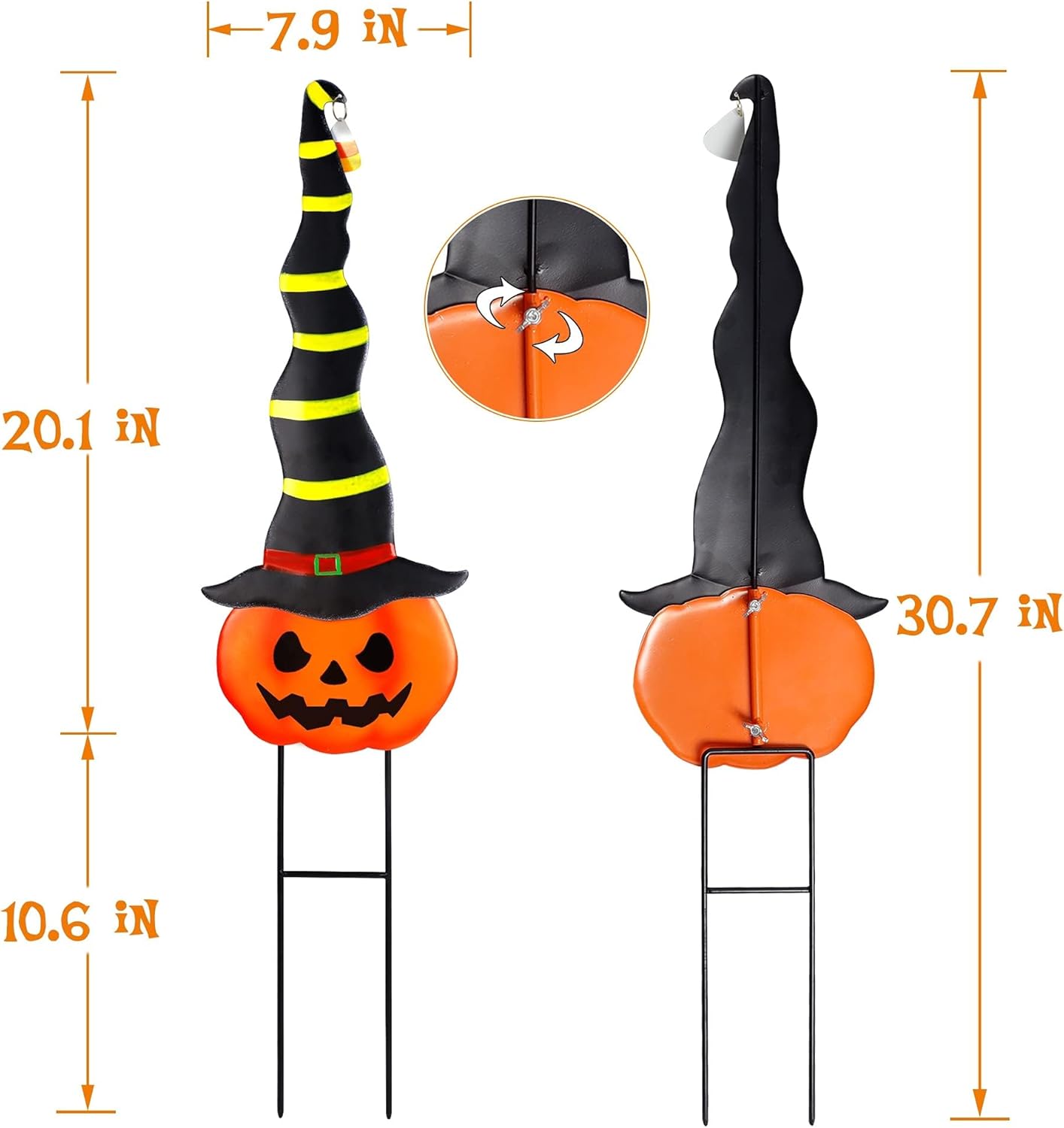2 Pack Halloween/Thanksgiving Garden Decorations, Metal Jack-O-Lantern Yard Stakes with Witch Hats, Scary Yard Sign Outdoor Lawn Decor, Metal Pumpkin Art Garden Stake,Garden Sculpture Ornament