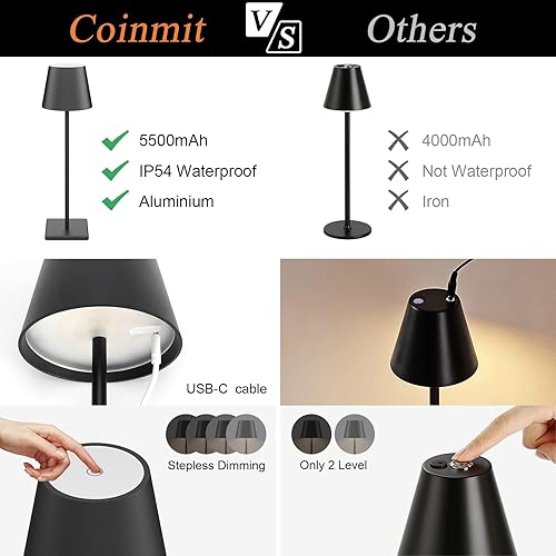 Miniatura 6 de Paquete de 2 lámparas de mesa LED inalámbricas negras, 5500 mAh, luz de mesa alimentada por batería, 3 temperaturas de color, regulables,