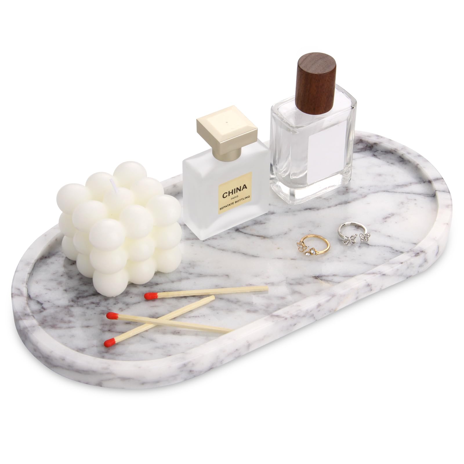 Oval Marble Tray Natural Luxury Marble Home Kitchen Bathroom Vanity Tray, Stone Decorative Countertop Serving Trays for Coffee Perfume Jewelry Makeup Key Lilac 30 x 15 cm