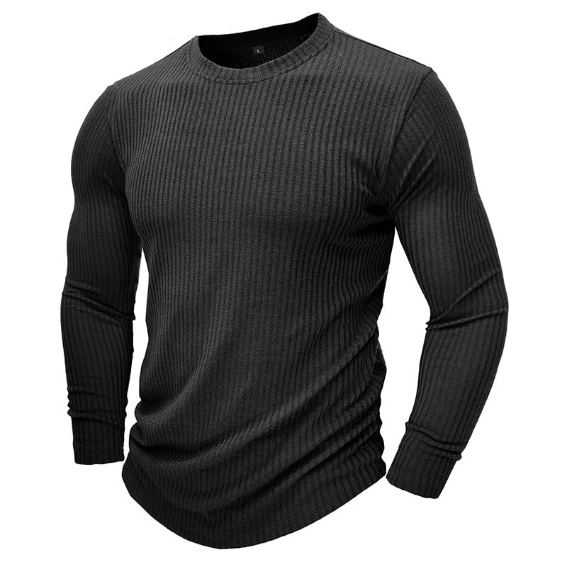 Mens Stretch Muscle Pullover Thermal Ribbed Knit Crewneck Slim Fit Long Sleeve Undershirt Tops Black